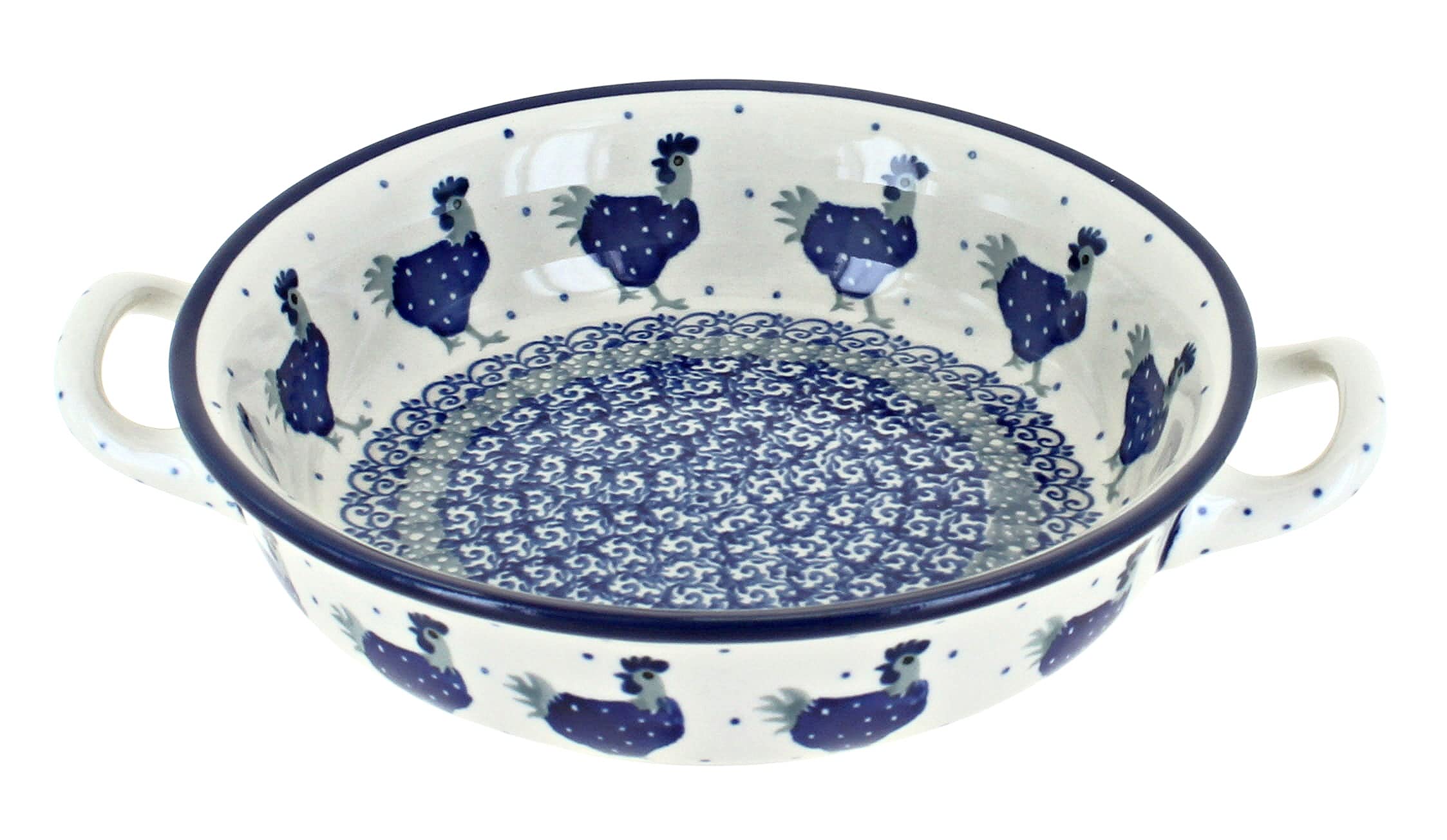 Handmade Blue Rose Polish Pottery Mini Casserole Dish with Handles - Farmhouse Style Rooster Design for Baking, Serving & Home Decor