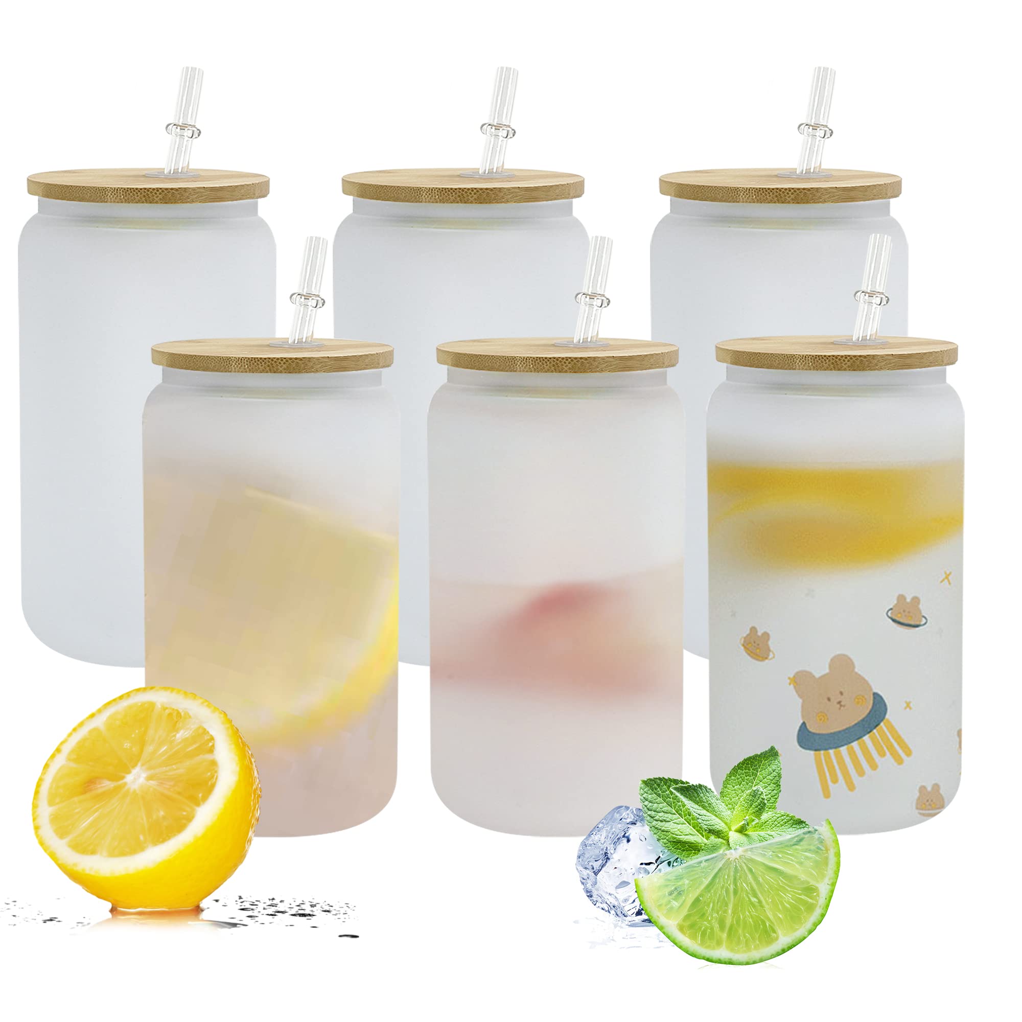 6 Pack Sublimation Glass Tumblers - 10 oz Frosted Beer Can Cups with Splash-Proof Bamboo Lid & Straw - DIY Sublimation Blanks for Juice, Coffee, Milk - Perfect Gift for Home, Office, Parties & Outdoor Use