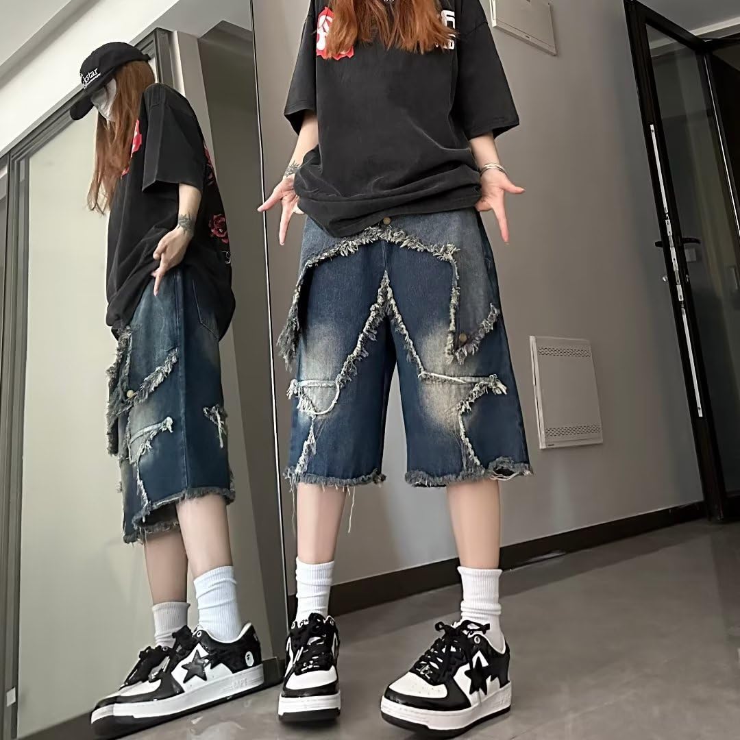 Y2K Jean Jorts Star - Baggy Casual Loose Straight Wide Leg Denim Shorts for Women | Patchwork Grunge Harajuku Streetwear | Perfect for Summer Outfits, Music Festivals & Retro Fashion
