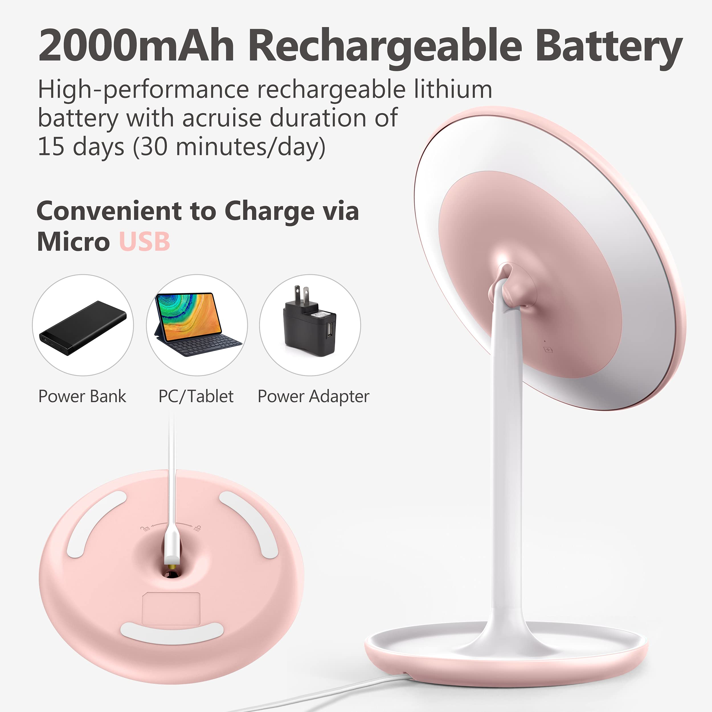 LED Makeup Mirror with Lights & 10X Magnification - Adjustable Brightness Vanity Mirror with Stand, USB Charging, for Home, Bathroom & Dressing Table - Perfect for Makeup, Skincare & Grooming