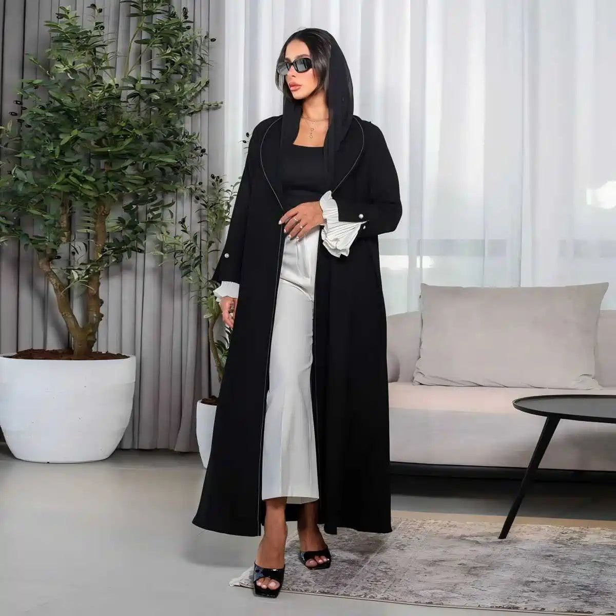 Urgarment Black Pleated Sleeve Open Abaya Dress #25170 - Elegant Muslim Women's Cardigan for Prayer, Home & Special Occasions