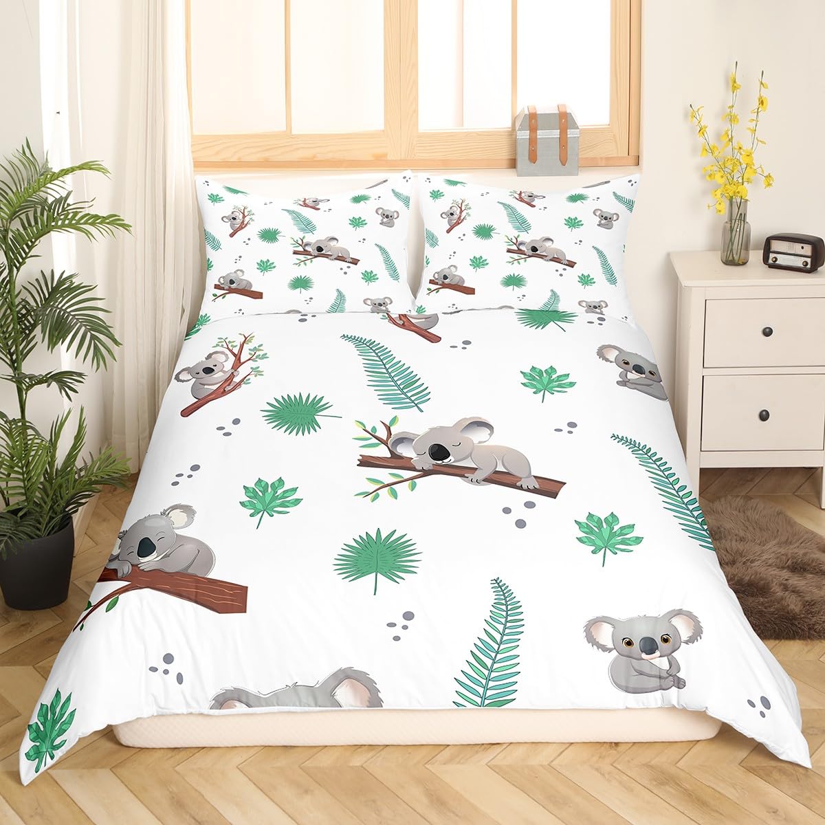 **Castle Fairy Koala Duvet Cover Set Twin Size - Cute Kawaii Animals Bedding for Kids & Teens - Tropical Leaves & Rainforest Theme - Includes 1 Pillowcase - Perfect for Boys & Girls Room Decor, Bedroom Makeover, and Cozy Sleep**