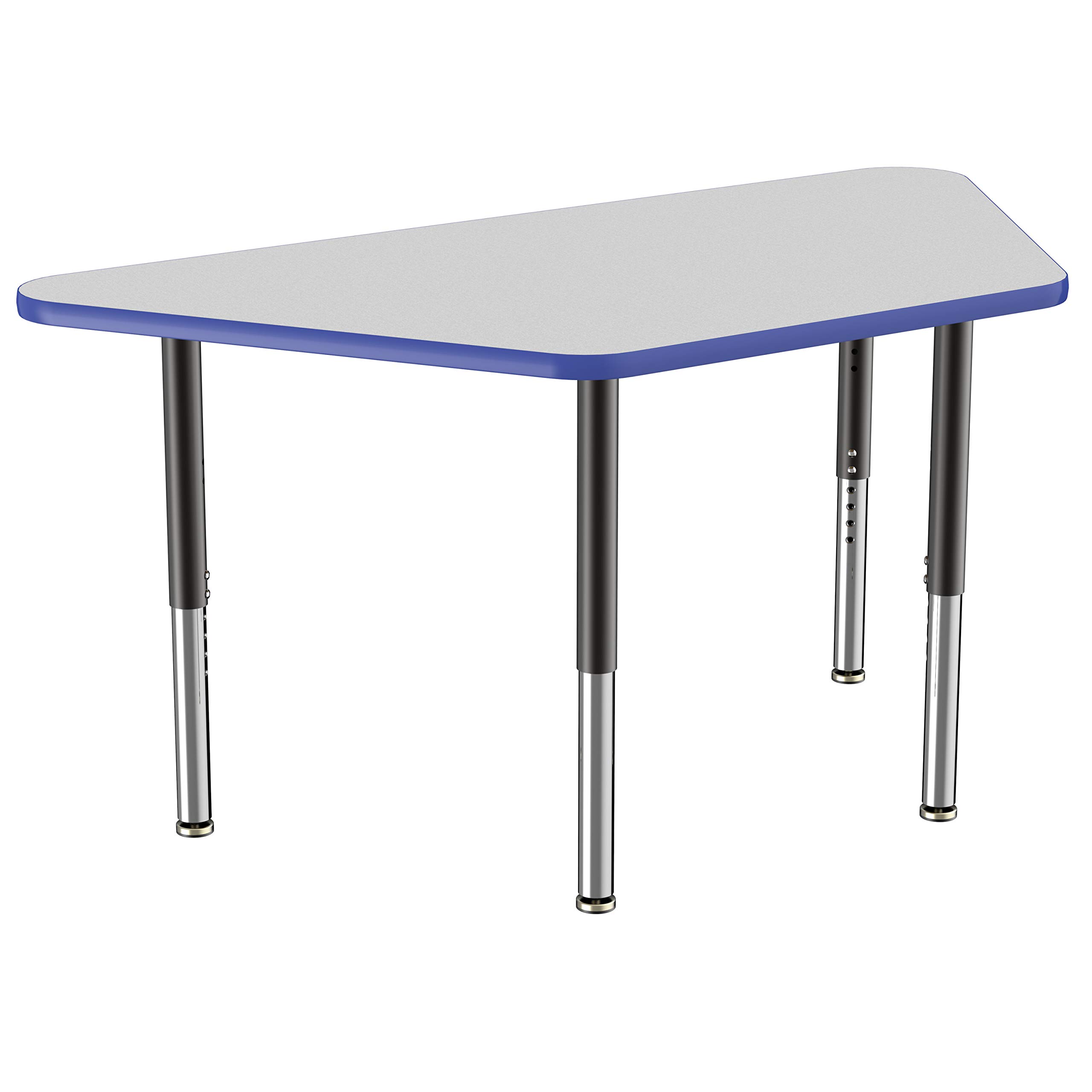 FDP Adjustable Height Mobile Trapezoid Activity Table - 30 x 60 Inch School & Office Desk with Casters, Gray Top & Blue Edge for Collaborative Workspaces | Perfect for Classrooms, Meeting Rooms & Coworking Spaces