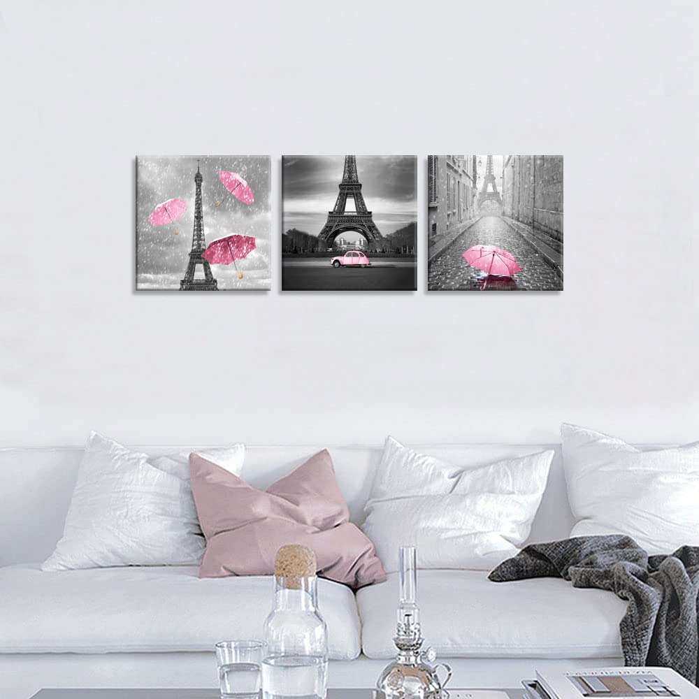 3-Piece Black and White Canvas Wall Art Set - Paris Theme Oil Painting Print with Eiffel Tower & Umbrella - Perfect for Living Room, Bedroom, Bathroom & Girls' Pink Room Decor | Wall Decor for Home, Office & Gift Giving