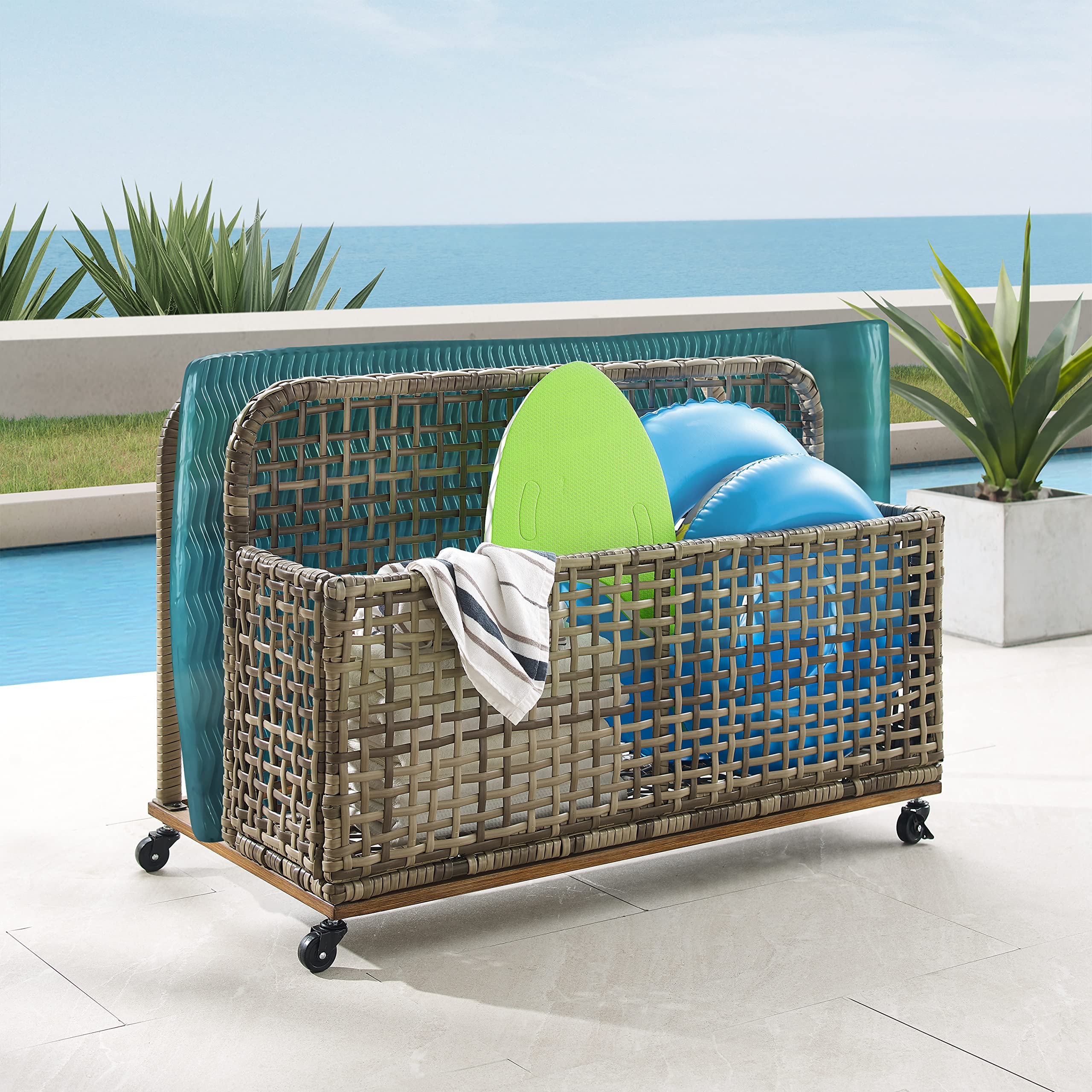 Crosley Ridley Wicker Outdoor Storage Pool Caddy - Waterproof Patio Organizer for Pool Floats, Cushions & Accessories - Distressed Gray/Brown - Perfect for Backyard, Deck & Poolside Storage