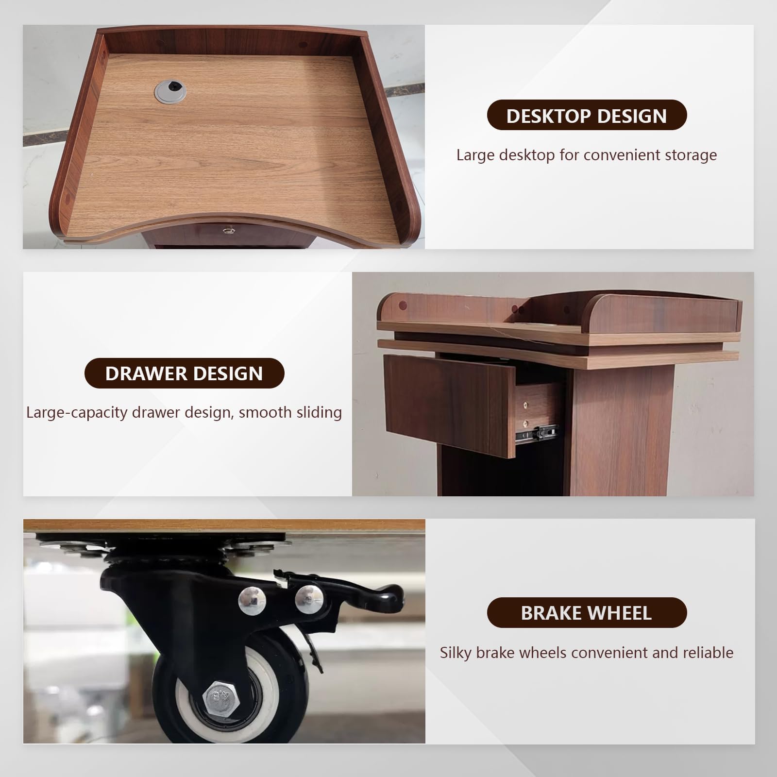 Premium Wooden Podium with Wheels - 2-Tier Storage & Locking Drawers | Silent Rollers & Thickened Board | Ideal for Church, School, Lectures & Conferences | Upgrade Hostess Stand for Professional Events & Presentations