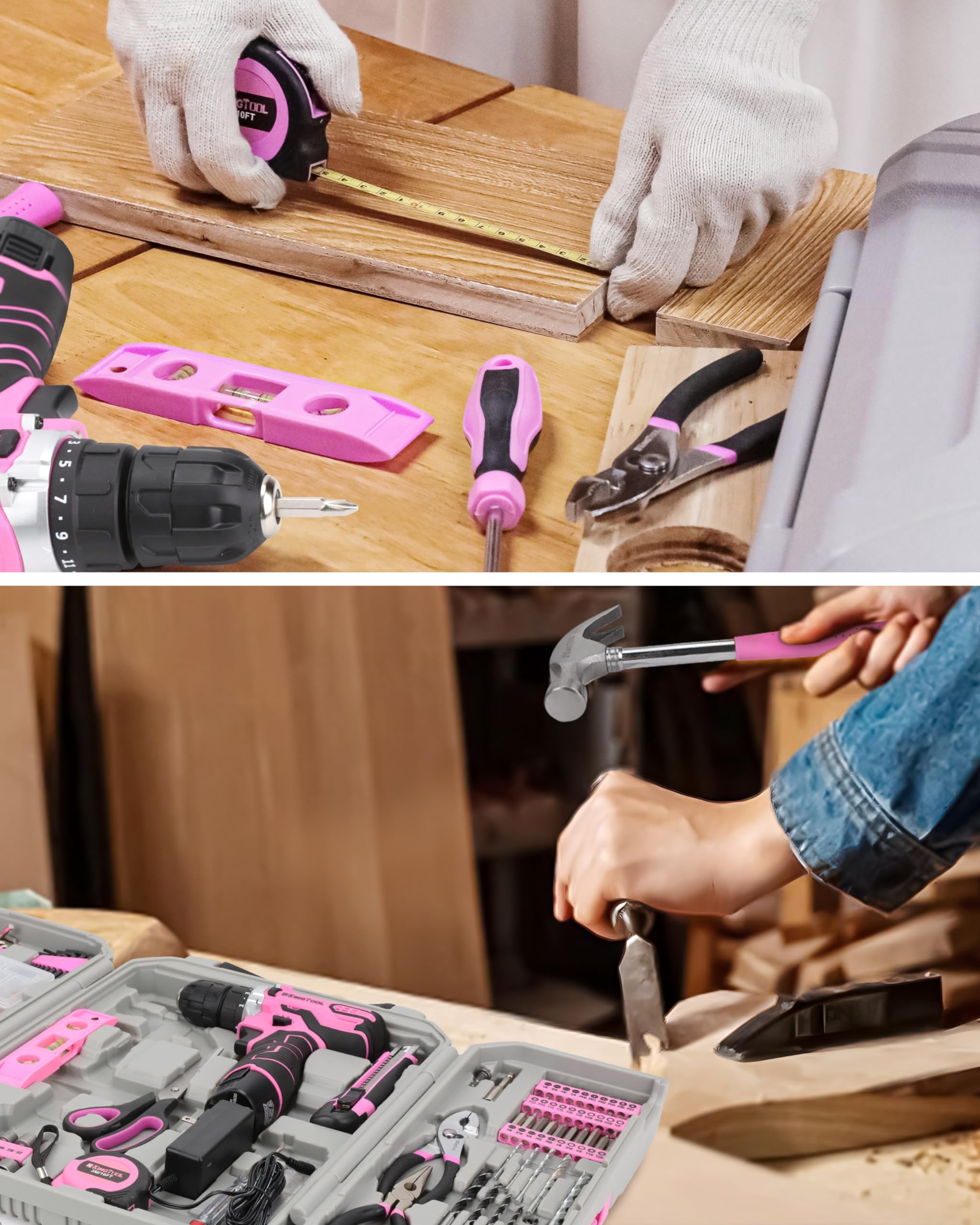 KingTool 219-Piece Pink Home Tool Kit Set with 12V Max Cordless Drill - Complete Household & Garden Repair Tool Kit for Women | Perfect for DIY Projects, Home Office Maintenance & Outdoor Fixes