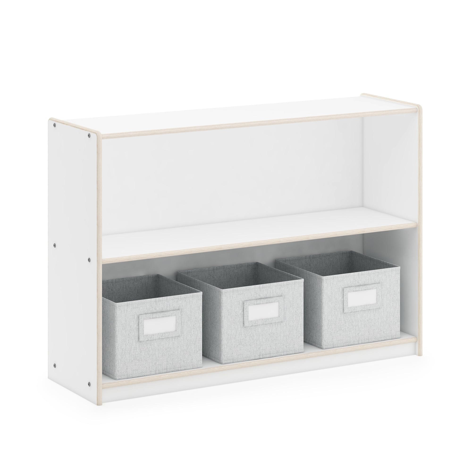 Guidecraft EdQ Two Shelf Open Storage 30'' White with 3 Fabric Bins - Wooden Bookcase & Toy Organizer for Kids | Homeschool & Classroom Furniture | Perfect for Playroom, Bedroom & Learning Spaces