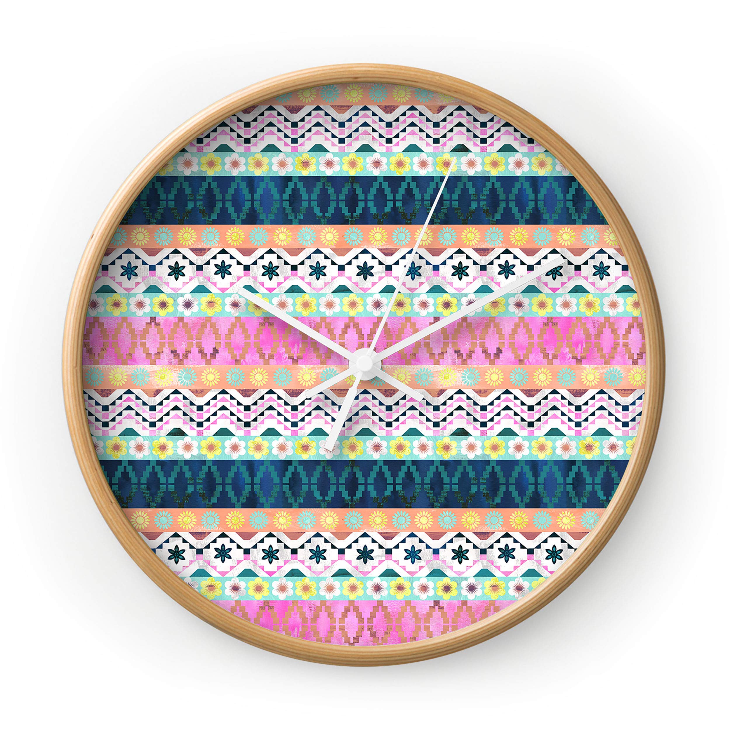 Deny Designs Schatzi Brown Wall Clock - Natural Wood Frame, White Hands, Aviana Boho Style - Perfect for Living Room, Bedroom & Office Decor