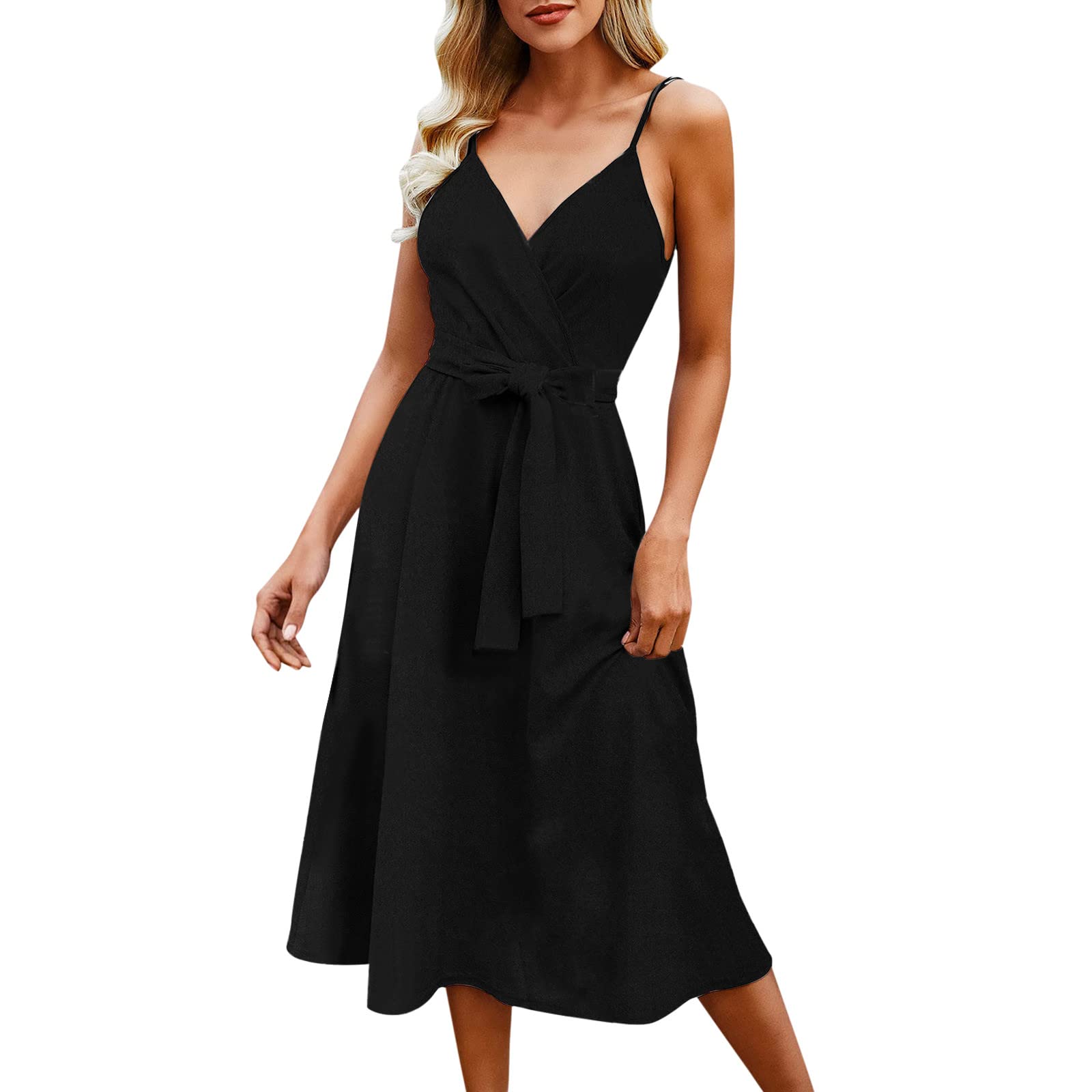 ONHUON Women's Summer Sleeveless Casual Dress - Loose Swing Button Down Midi Dress with Pockets | Beach Wear, Vacation Outfit, Outdoor Party Dress