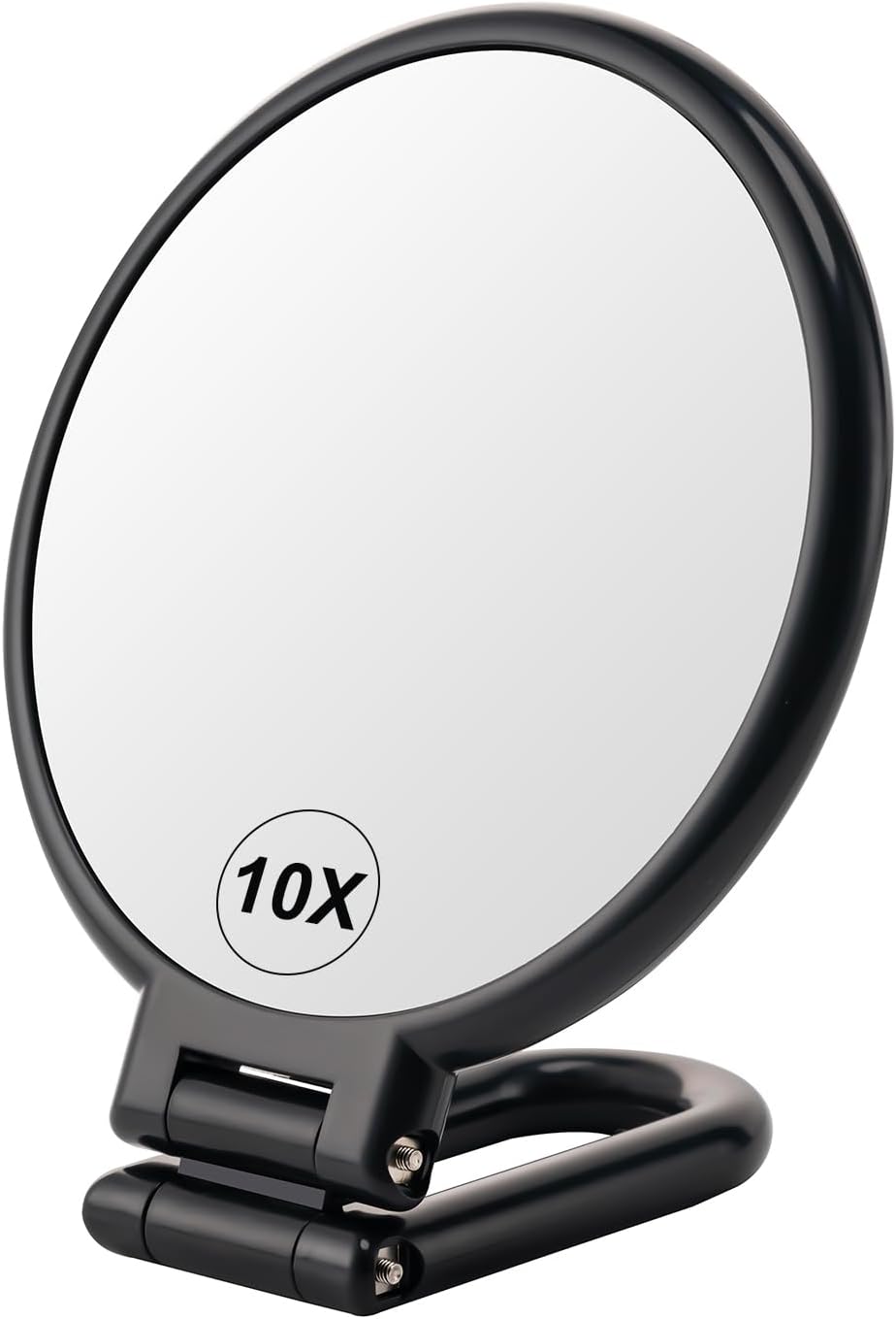 BOOMIBOO 10X Magnifying Mirror with Light, Double-Sided Foldable Travel Makeup Mirror - Adjustable Rotation, Handheld/Desk/Hanging Vanity Mirror for Makeup, Skincare & Eyebrow Grooming - Perfect for Travel, Bathroom & Dressing Table (Black)