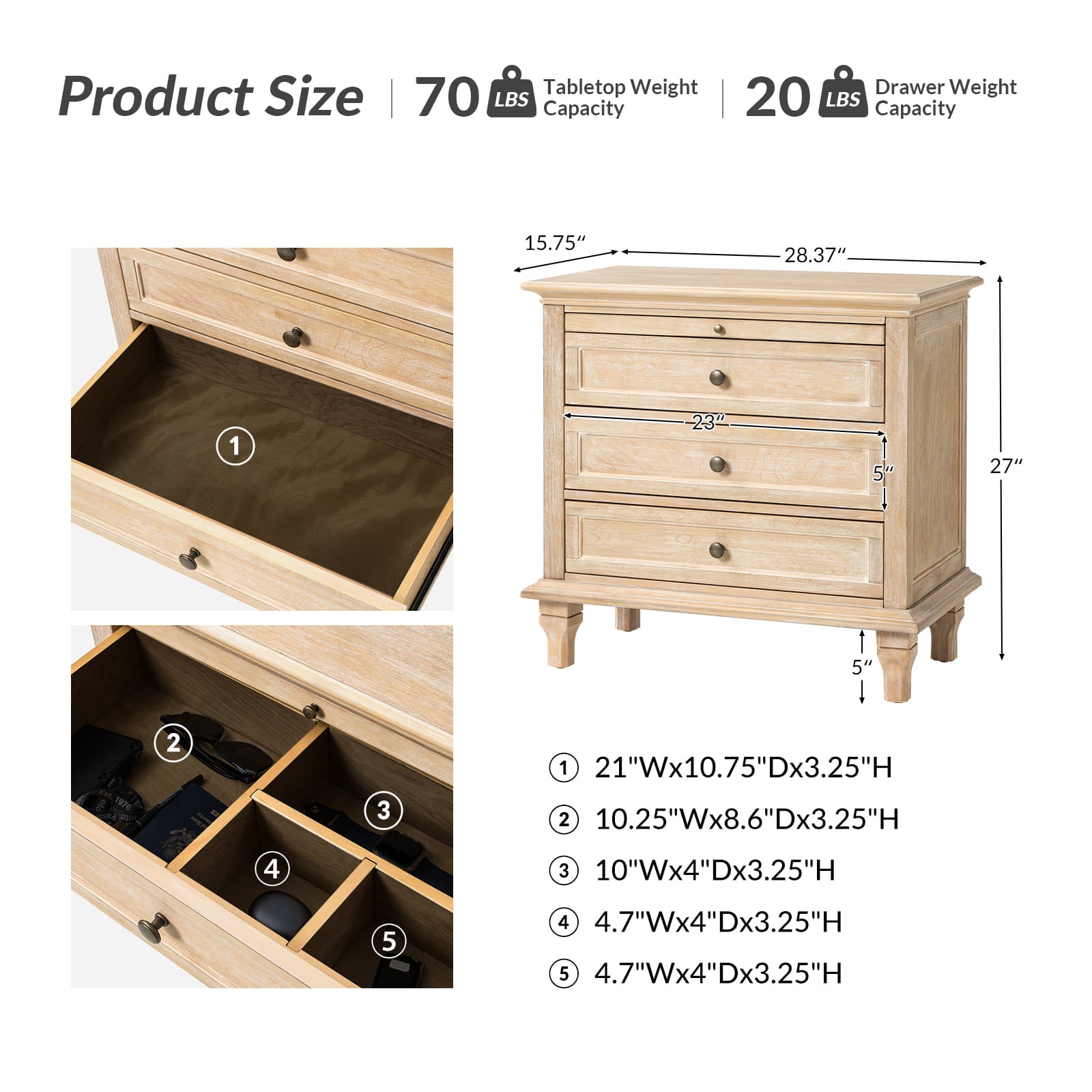 Galatea 3-Drawer Nightstand with USB Charging Ports & Power Outlets - Modern Bedside Table with Storage for Bedroom, Living Room or Office
