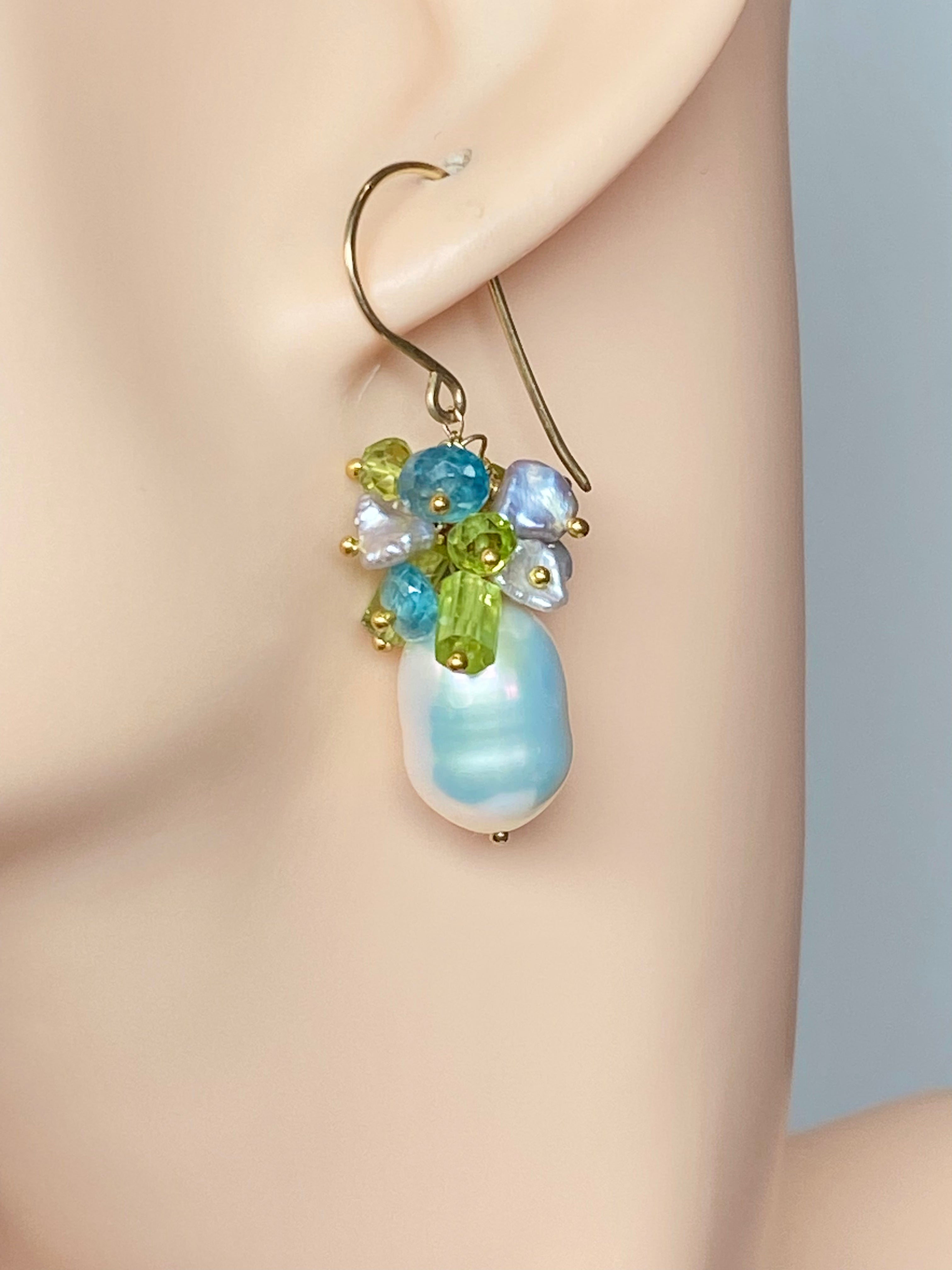 Pearl Peridot Crystal Earrings with Blue Zircon & Gray Keishi Pearls | Elegant Cluster Dangle Earrings for Women | Perfect for Weddings, Parties & Special Occasions