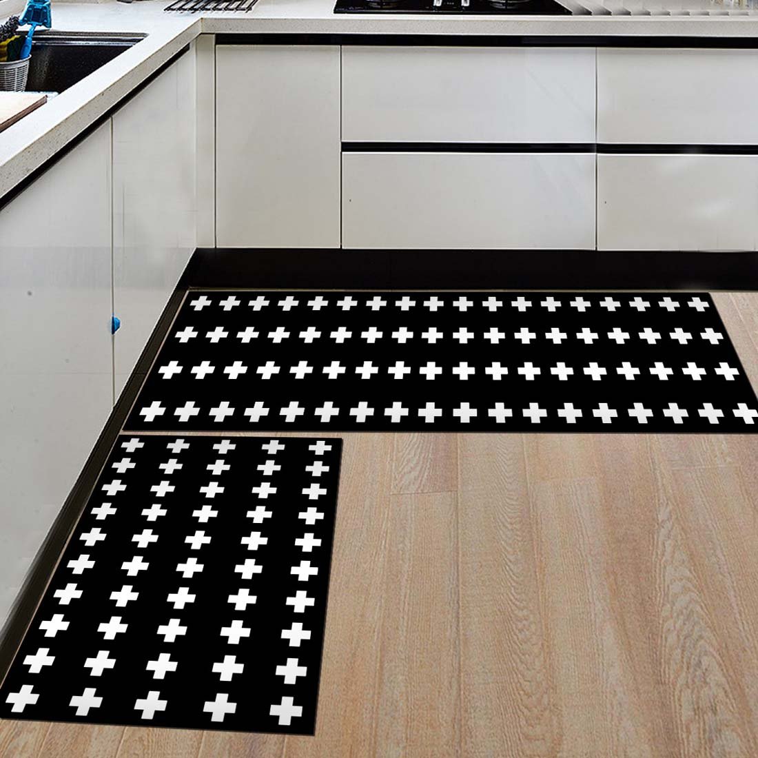 Non-Slip Kitchen Mats and Rugs - Black & White Plus Sign Indoor Floor Rug - Low Profile Absorbent Runner for Home, Bathroom, Bath, Bedroom - Perfect for High-Traffic Areas, Spill Protection & Comfort Underfoot