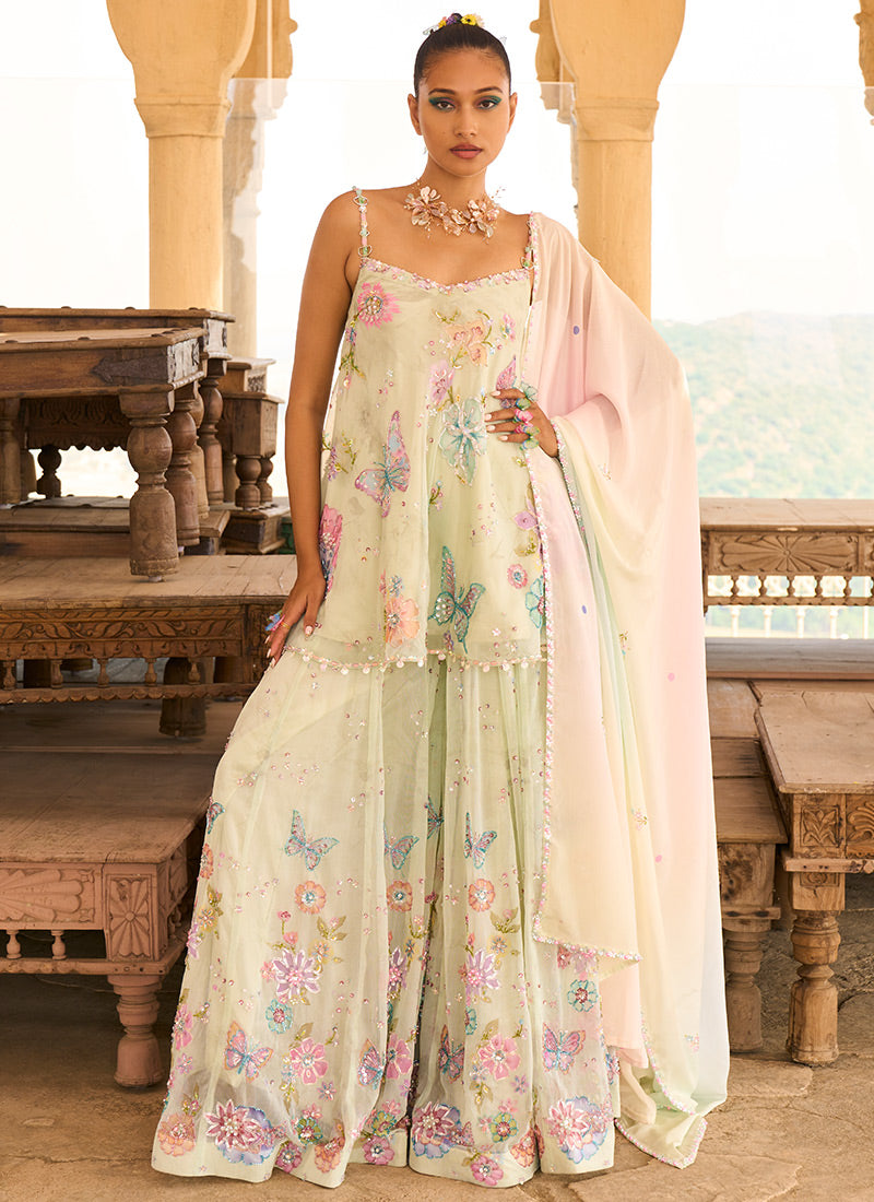 Light Green Embellished Chiffon Sharara Suit for Women - Elegant Pakistani Party Wear for Weddings, Festivals & Special Occasions
