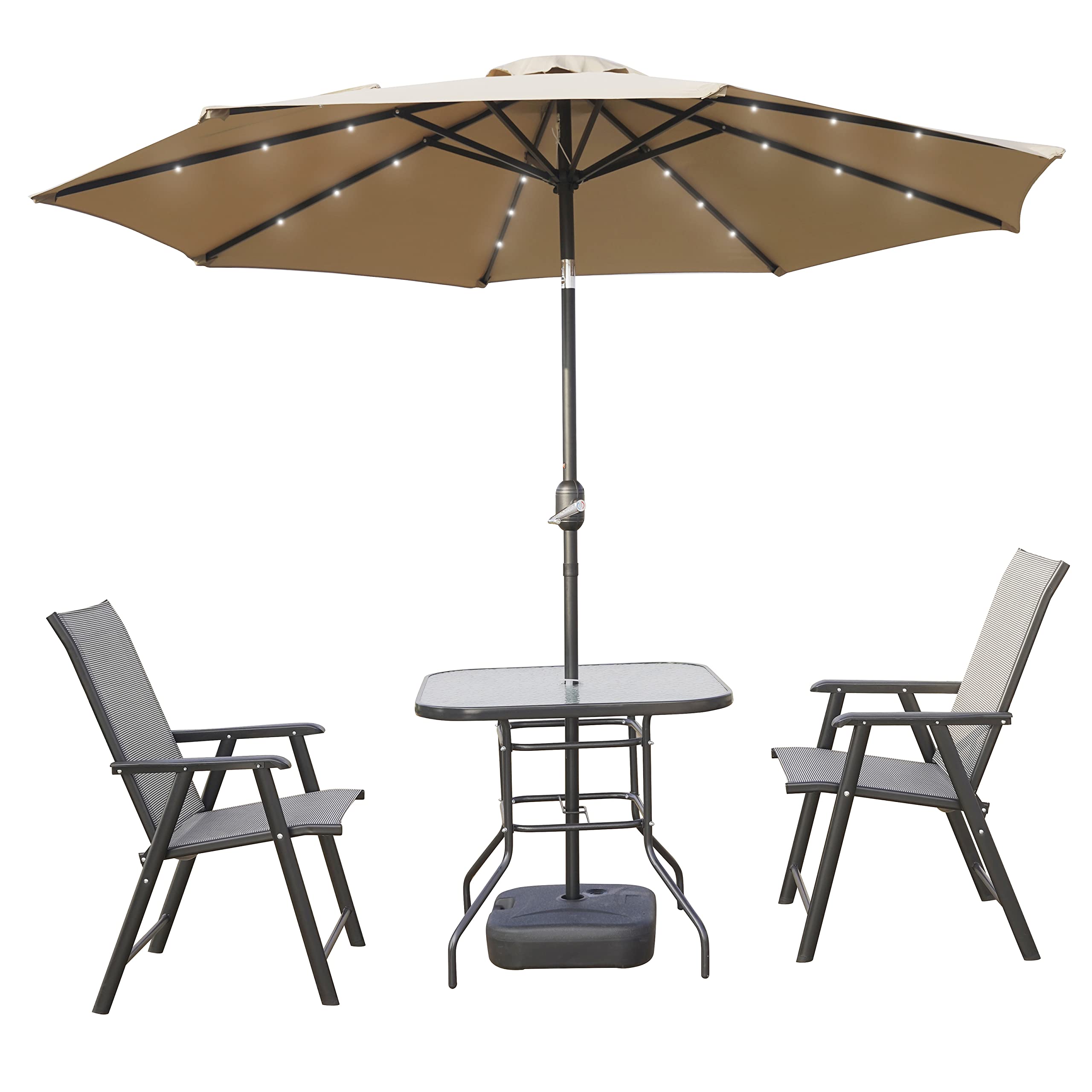 LeisureMod Sierra 9' Outdoor Patio Crank & Tilt Market Umbrella with Solar LED Lights - Waterproof Sun Shade for Garden, Poolside, Backyard, and Restaurant Outdoor Dining