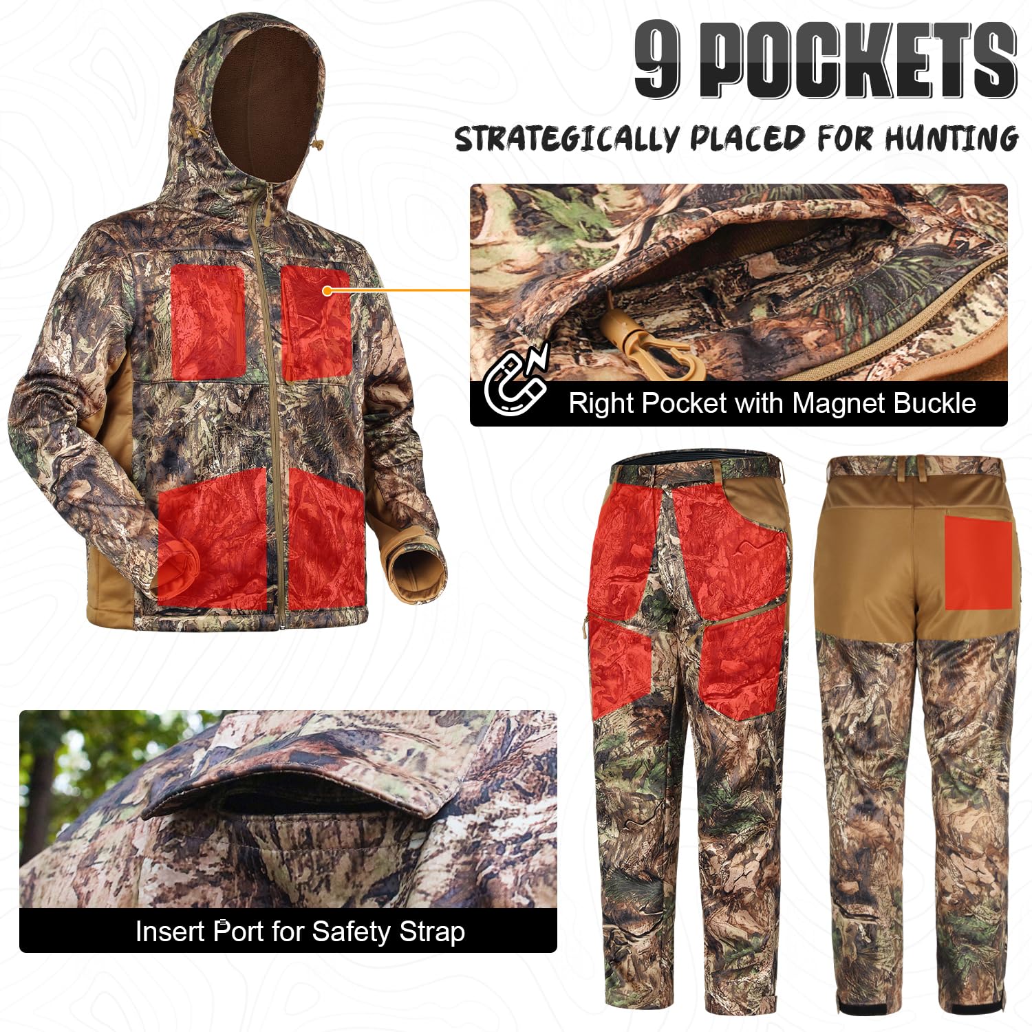 Silent Hunting Jacket and Pants Set for Men - Warm Fleece Lined Camo Hunting Gear for Cold Weather - Perfect for Deer Hunting, Duck Hunting & Outdoor Adventures