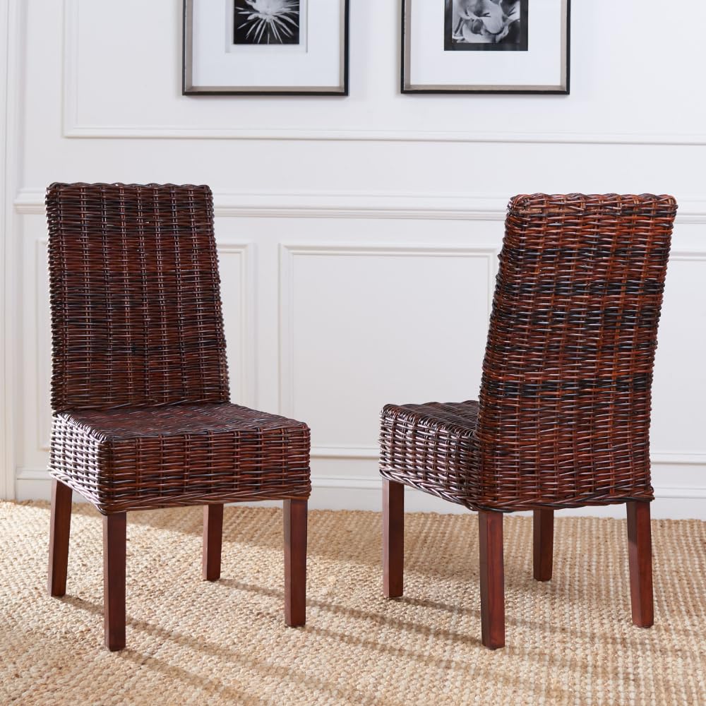 Safavieh Home Collection Aubrey Walnut Wicker Side Chair - Rustic Farmhouse Dining Chair for Kitchen, Patio & Outdoor Use - Handwoven Rattan Accent Chair with Wooden Frame