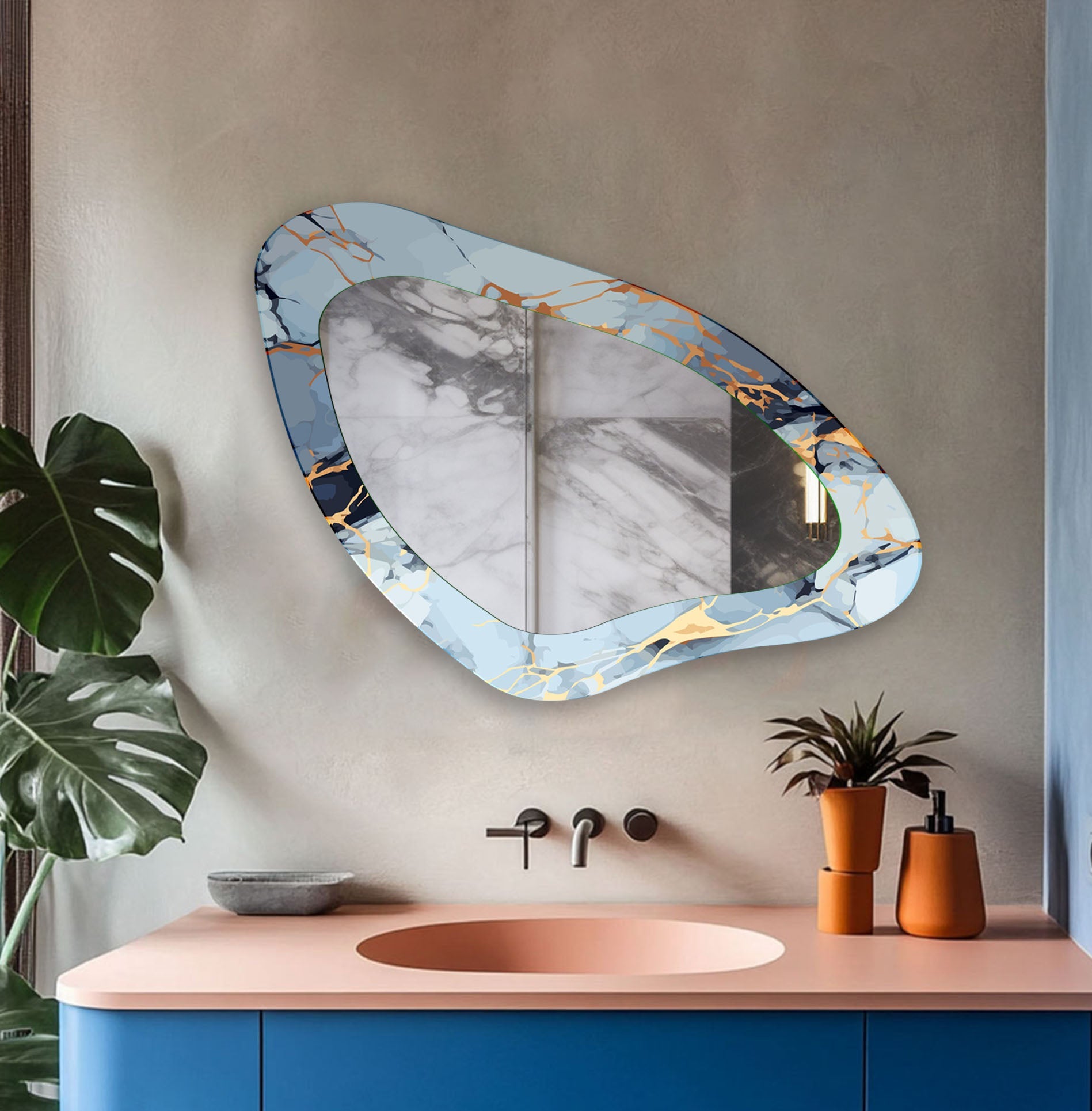 Blue Marble Decorative Glass Wall Mirror - Elegant Round Bathroom Vanity Mirror for Bedroom & Living Room Decor