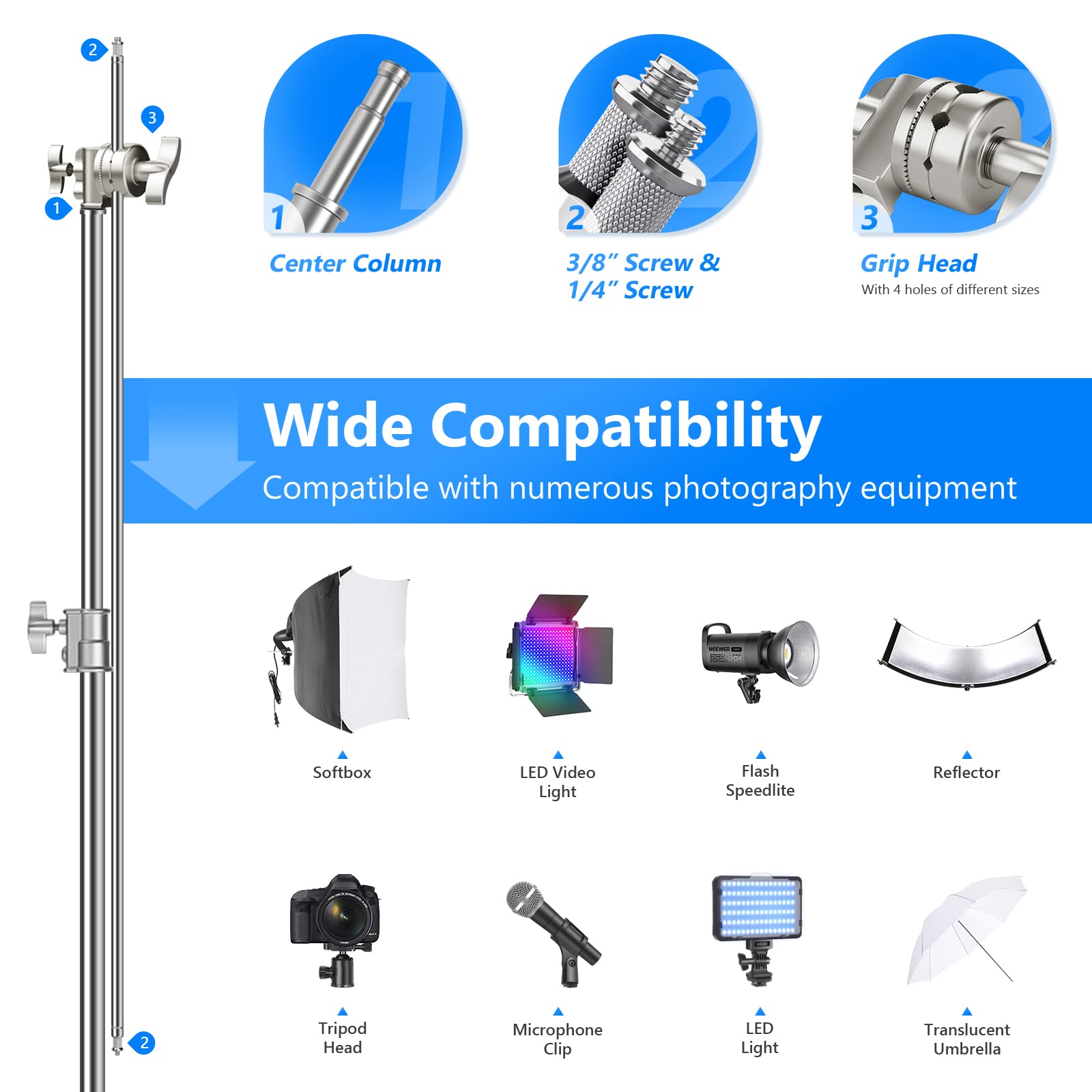 NEEWER Pro 100% Stainless Steel Heavy Duty C Stand with Boom Arm - 10.5ft Max Height Photography Light Stand, 4.2ft Holding Arm & 2 Grip Heads - Perfect for Studio Monolight, Softbox, Reflector - Ideal for Photography, Videography, and Film Production