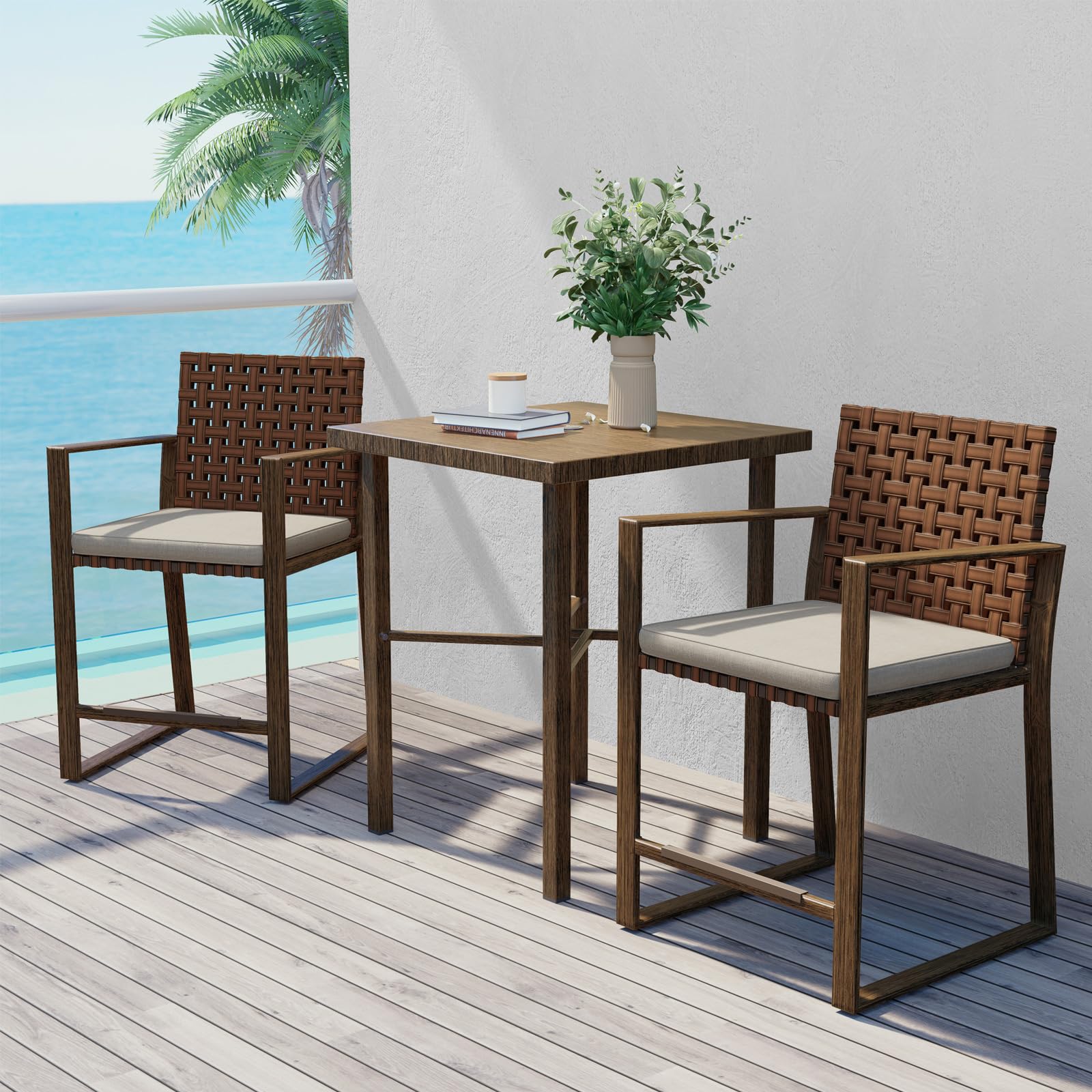 3-Piece Outdoor Bar Set with Wood Grain Texture & Leather-Look Wicker - Counter Height Patio Furniture with Umbrella Hole for Garden, Balcony, Deck - Brown - Perfect for Outdoor Entertaining & Relaxation
