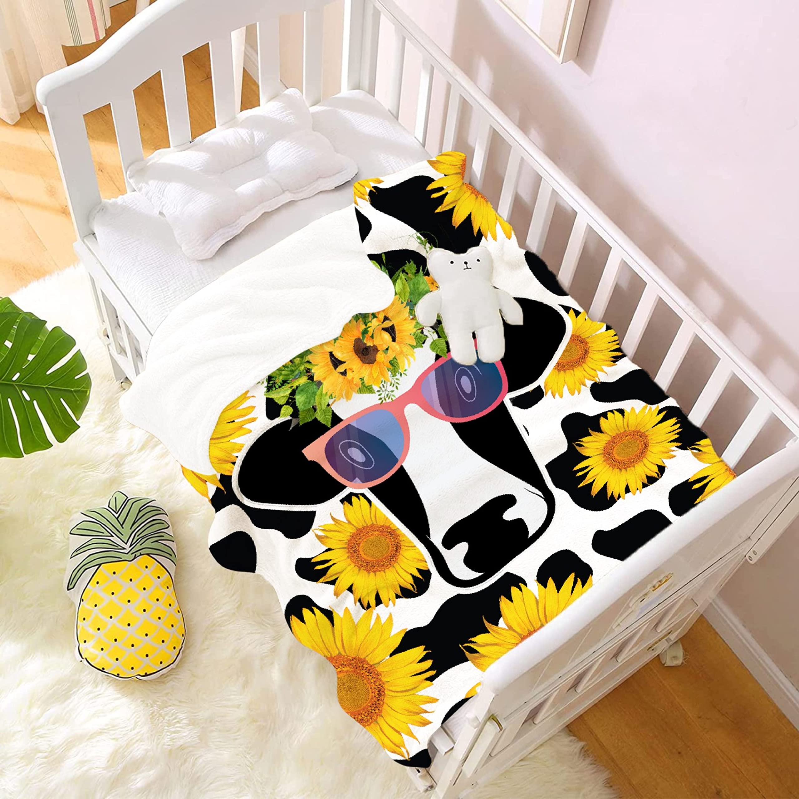 Sunflower Cow Print Plush Throw Blanket - Ultra Soft Lightweight Flannel Fleece Blanket for Baby Girls & Boys, Gifts - 120