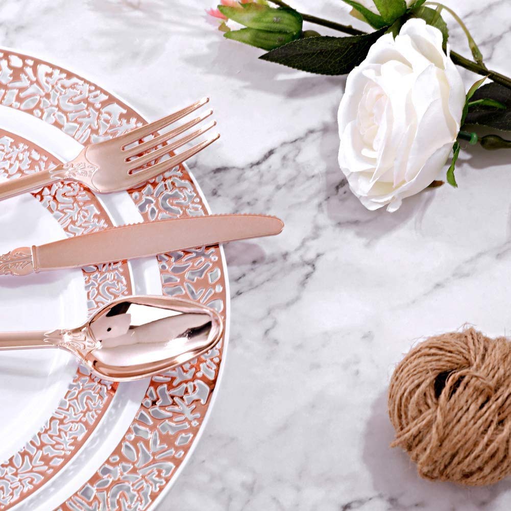 Supernal 300-Piece Rose Gold Plastic Dinnerware Set - 60 Dinner Plates, 60 Salad Plates, 60 Forks, 60 Knives, 60 Spoons - Elegant Disposable Tableware for Parties, Weddings, Picnics & Outdoor Events