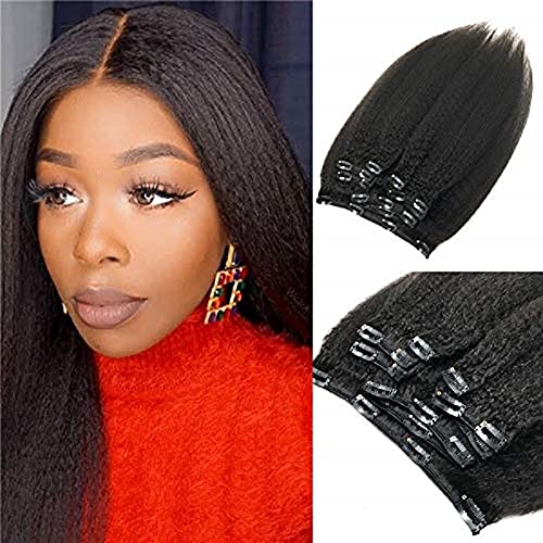 Kinky Straight Clip-in Hair Extensions - 100% Brazilian Remy Human Hair, 28 Inch 100g, Darkest Brown - Coarse Italian Yaki Texture for Black Women - Full Head Weave for Natural Look | Perfect for Parties, Weddings & Daily Styling