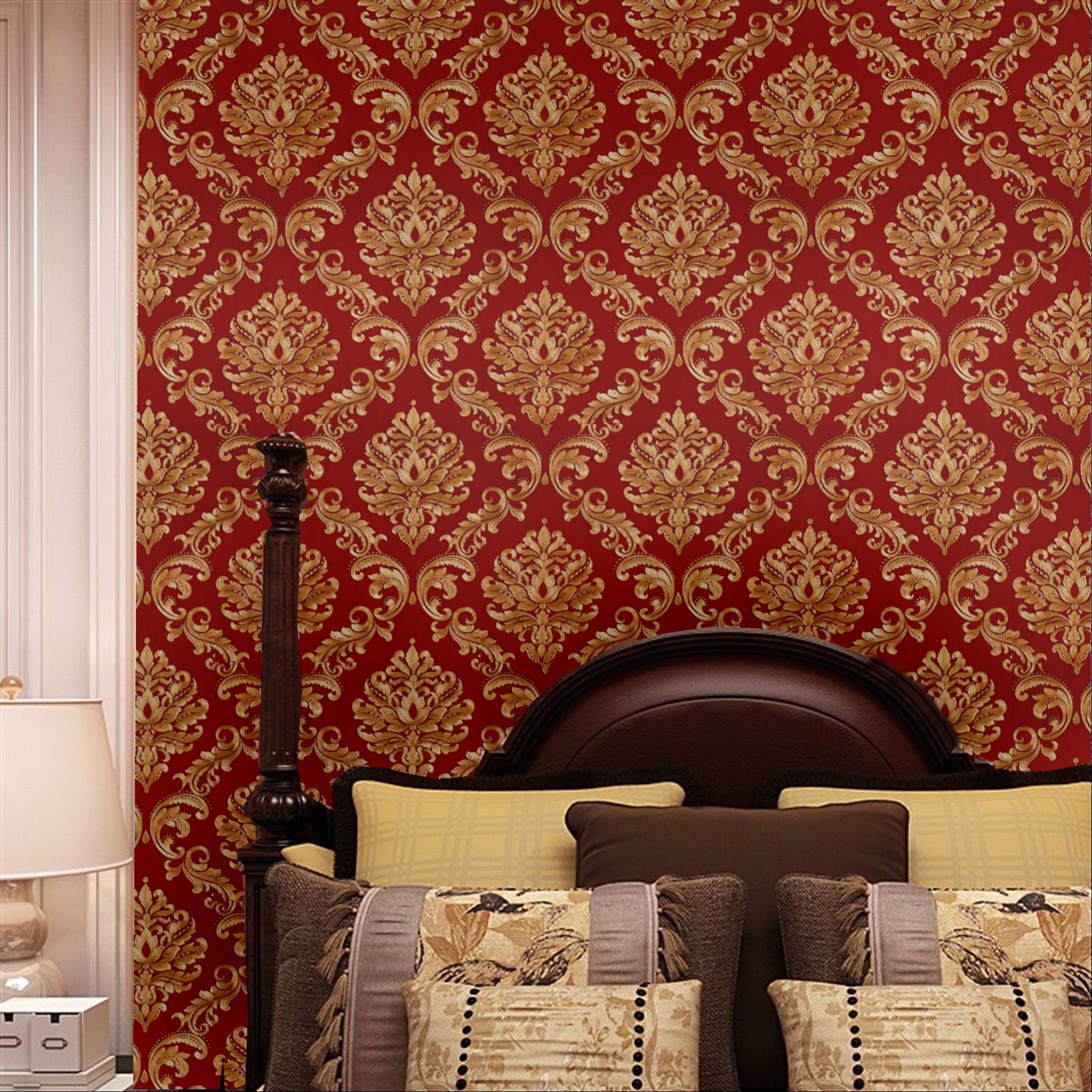 Luxury Red Damask Flocking Embossed Wallpaper Roll - 20.8