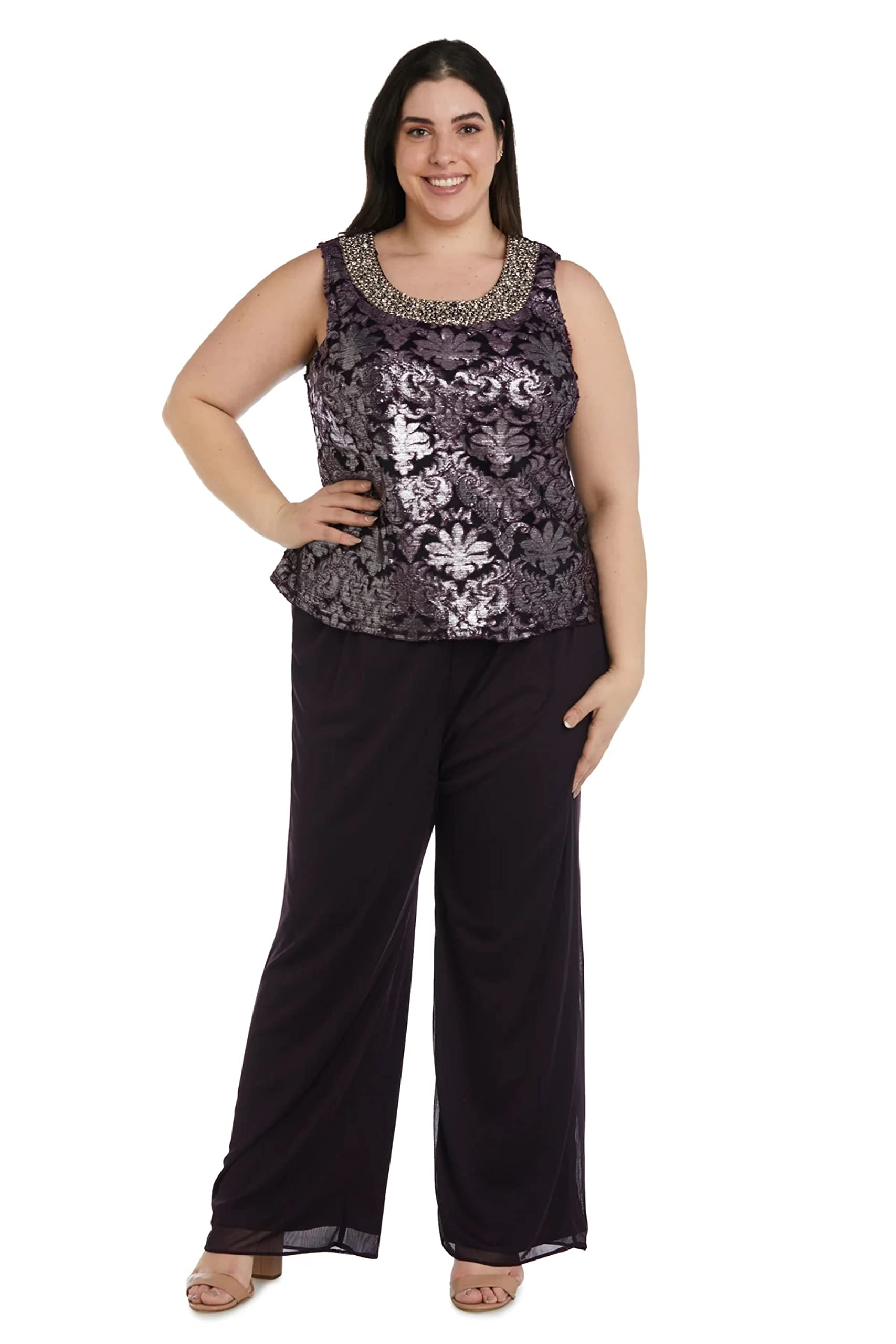 R&M Richards Women's Plus-Size 3-Piece Beaded Neck Duster Pant Suit Outfit for Special Occasions & Evening Events | Formal Wear for Weddings, Parties & Holiday Gatherings