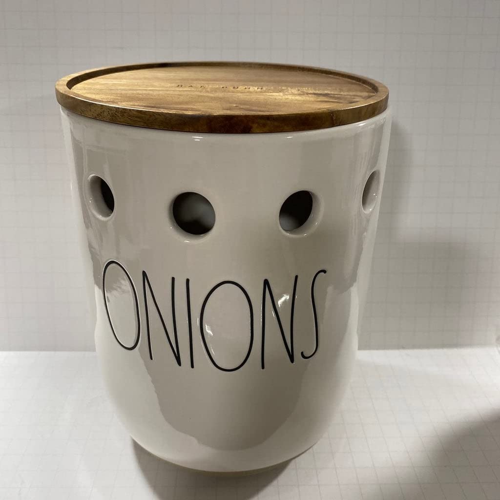 Rae Dunn ONIONS Cellar Ceramic Canister - New Edition - Farmhouse Kitchen Storage for Onions, Potatoes & Vegetables - Perfect for Pantry Organization & Rustic Home Decor
