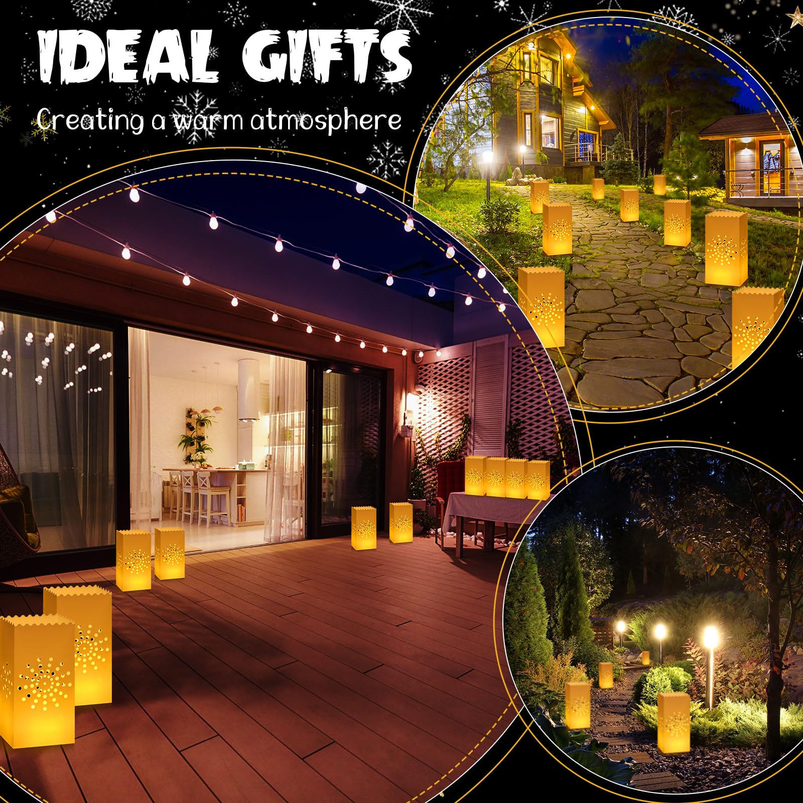 50 Pcs Waterproof White Plastic Luminary Bags - Reusable Candle Lantern Bags for Christmas, Birthday, Wedding & Thanksgiving Party Decor (Sunburst Design) - Perfect for Indoor/Outdoor Holiday Lighting & Special Event Ambiance