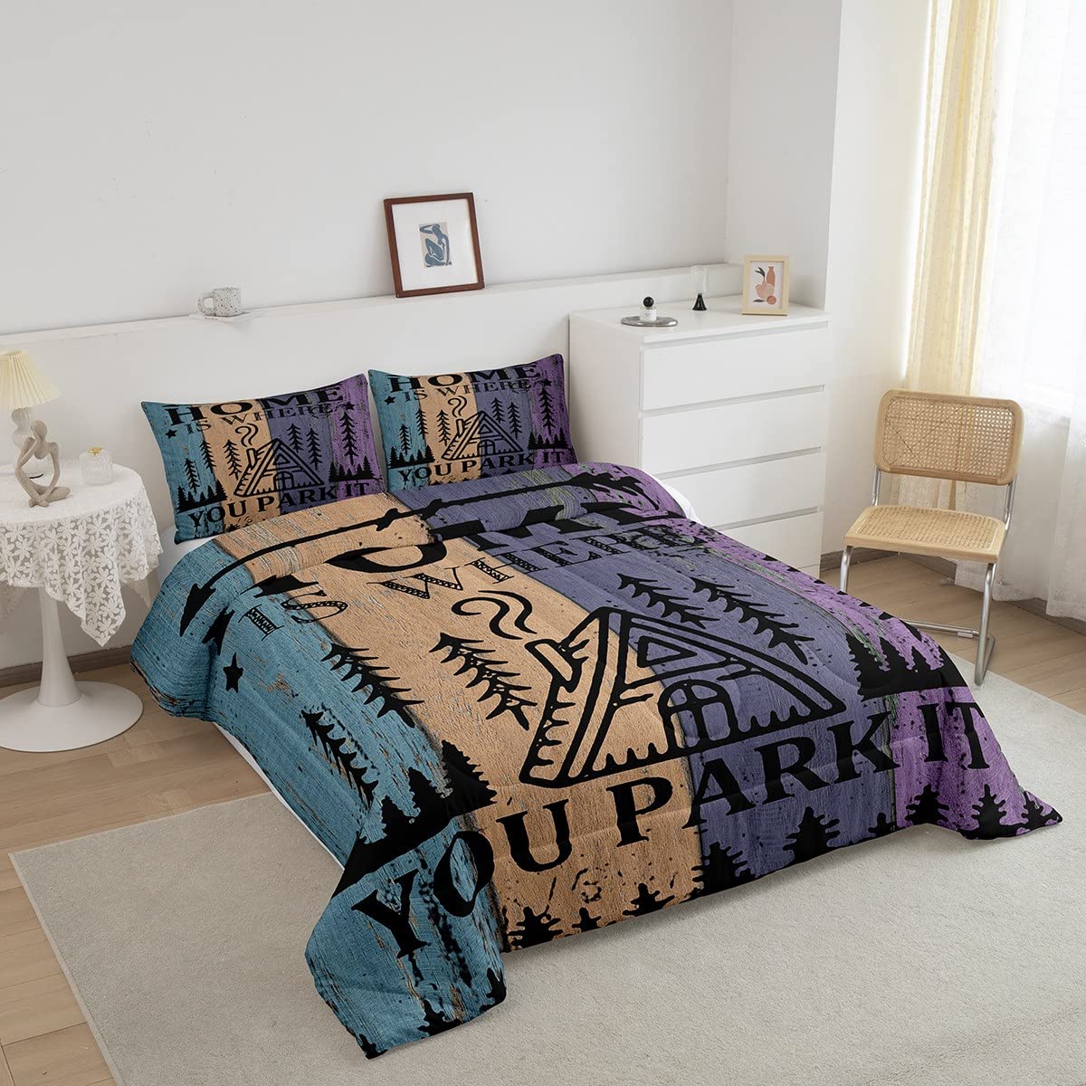 Kids Rustic Farmhouse Camper Comforter Set Twin Size - Funny 'Home Where We Park It' Quilt Set for Boys Bedroom Gift | Happy Camping Tent Explore Life Polyester Bedding with 1 Pillowcase & 2Pcs | Perfect for RV Themed Rooms, Sleepovers & Adventure-Loving Kids