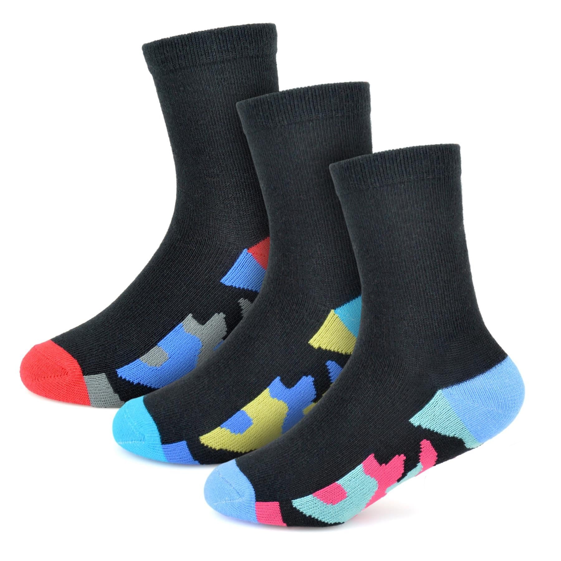 Boys Camouflage Heel & Toe Socks - 3 Pack Black Camo Kids Socks | Comfortable Cotton Rich Trendy Children Footwear for Everyday Wear | Perfect for School, Sports & Outdoor Activities