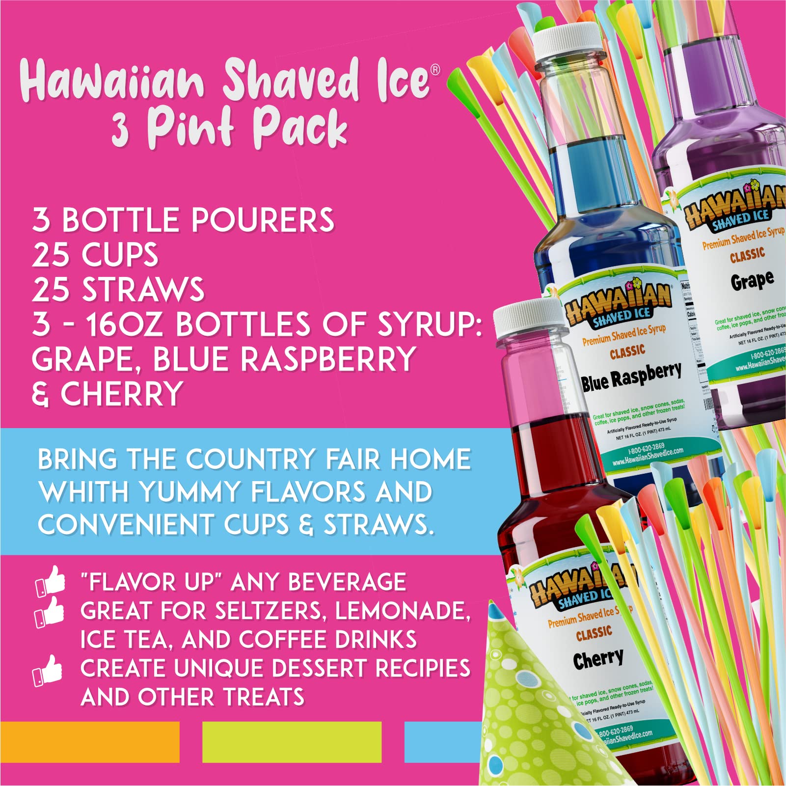 Hawaiian Shaved Ice Machine S777 - HomePro Commercial Ice Shaver with 3 Flavor Snow Cone Syrup Pack & Party Accessories - Perfect for Summer Parties, Kids Events & Frozen Treat Business