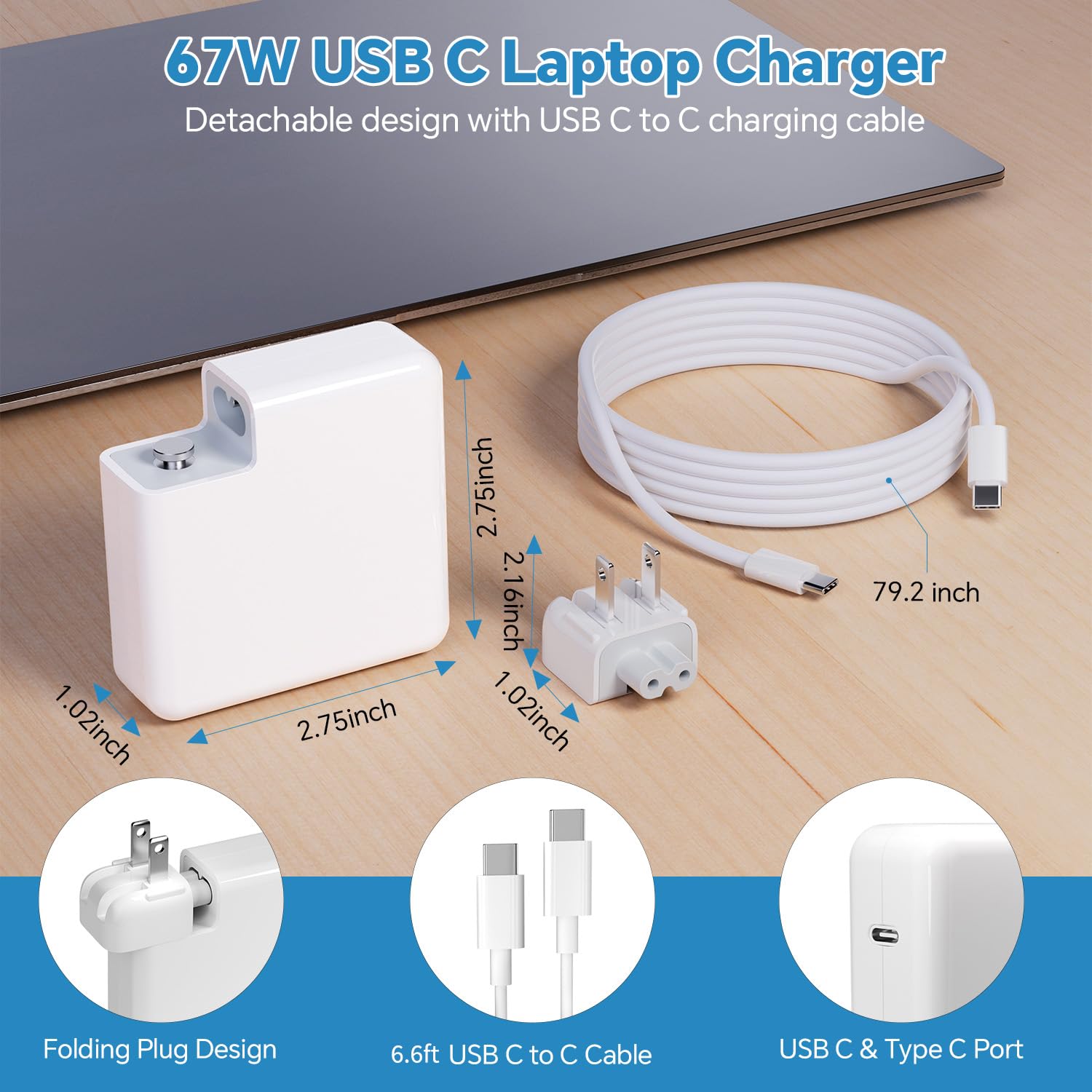67W USB C Fast Charger for MacBook Pro & Air, iPad Pro, Samsung Galaxy - 6.6ft USB-C to C Cable Included - Perfect for Home, Office & Travel Charging