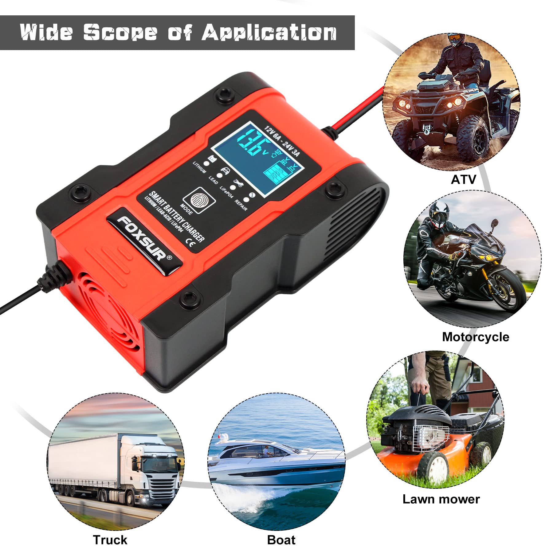 12V 6A & 24V 3A Smart Battery Charger Maintainer for Car, Truck, Motorcycle, Boat, ATV - Compatible with Lithium, LiFePO4, Lead-Acid & Deep Cycle Batteries - Perfect for Home Garage, Road Trips & Marine Use