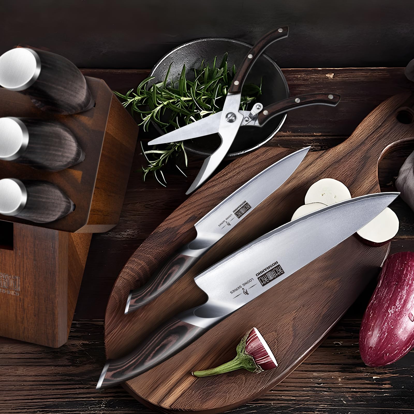 8-Piece Japanese High Carbon Super Steel Kitchen Knife Set with Wooden Block - Ultra Sharp Professional Chef Knives & Scissors for Cooking, Slicing, and Food Prep