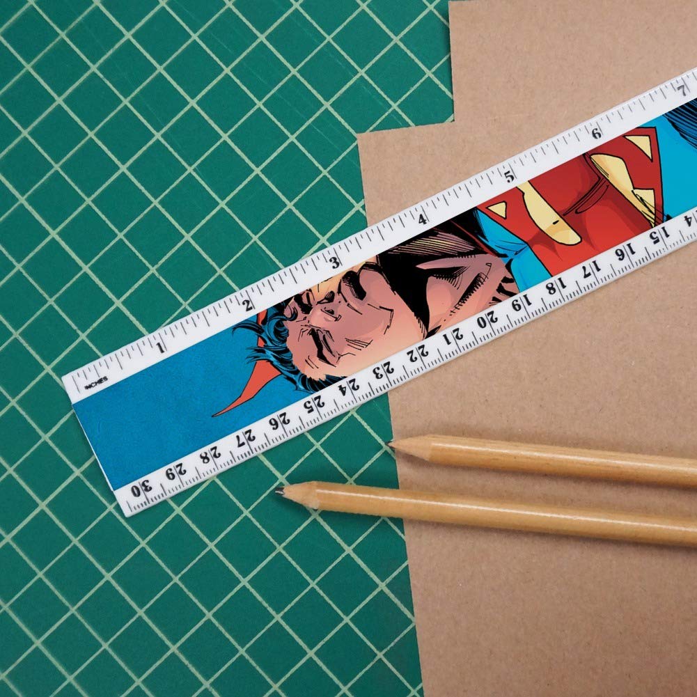 Superman Themed 12 Inch Plastic Ruler with Standard and Metric Measurements - Perfect for School, Office, and Comic Book Fans