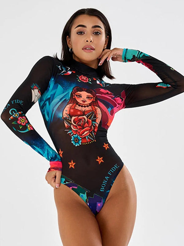 ZASUWA Women's Unique Halloween Print Bodysuit - Sexy Costume Top for Halloween Parties, Cosplay & Nightclub Outfits