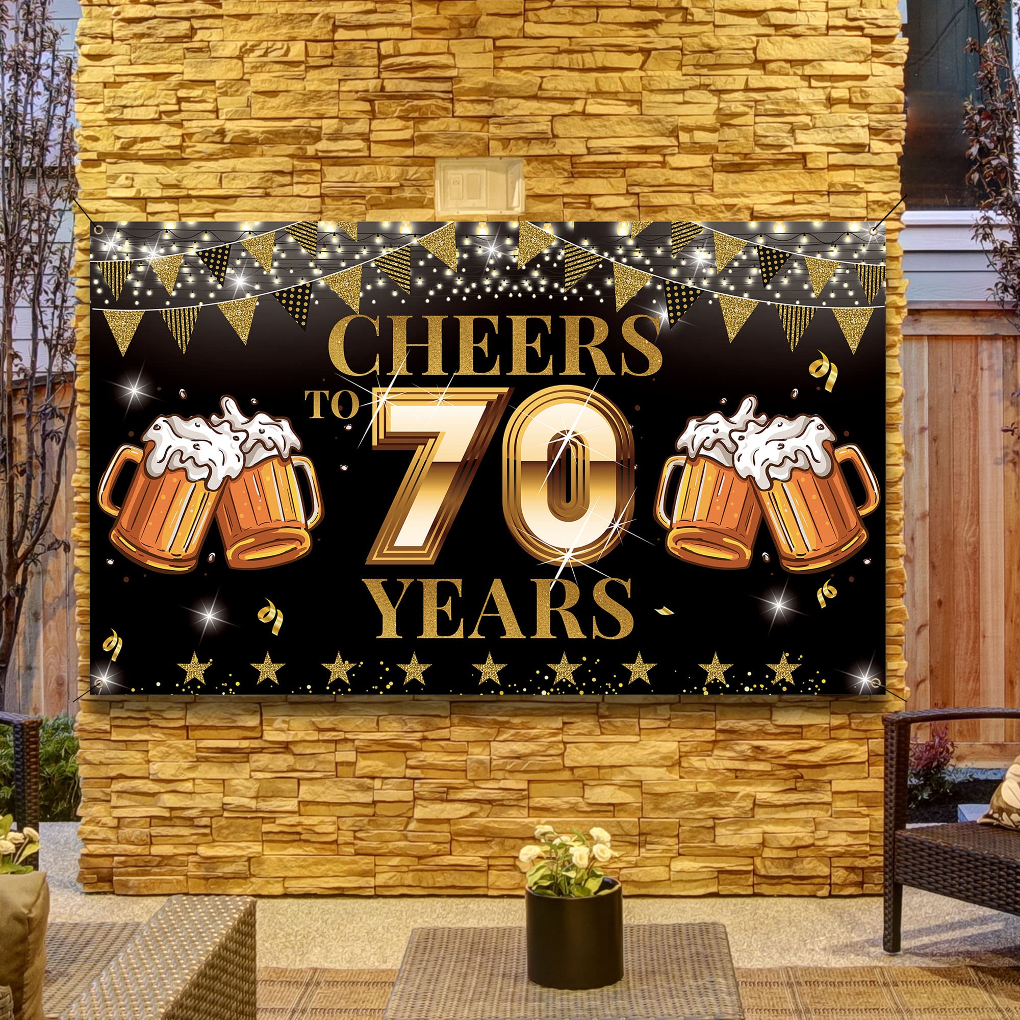 70th Birthday Decorations Banner - Cheers to 70 Years Party Sign for Men & Women | Black Gold Backdrop & Photo Props | Indoor/Outdoor Large Celebration Decor | Perfect for Milestone Parties, Retirement Celebrations & Family Gatherings