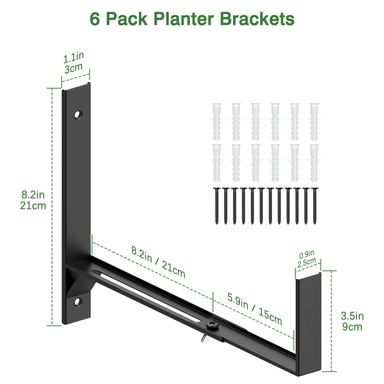 6-Pack Adjustable Planter Box Brackets (6.2-12.6 Inch) - Heavy Duty Wall Mount Flower Pot Holder for Window Boxes, Balcony, Fence & Patio - Black Metal Garden Shelf Brackets for Outdoor & Indoor Plant Displays