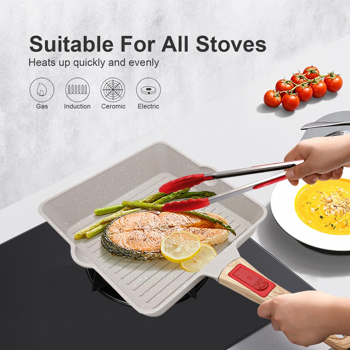 9.5 Inch Nonstick Square Grill Pan - Cast Aluminum Steak Pan with Detachable Handle, Oven & Dishwasher Safe, Double Pour Spouts (White) - Perfect for Indoor Grilling, BBQ, and Cooking Steaks, Burgers, and Vegetables