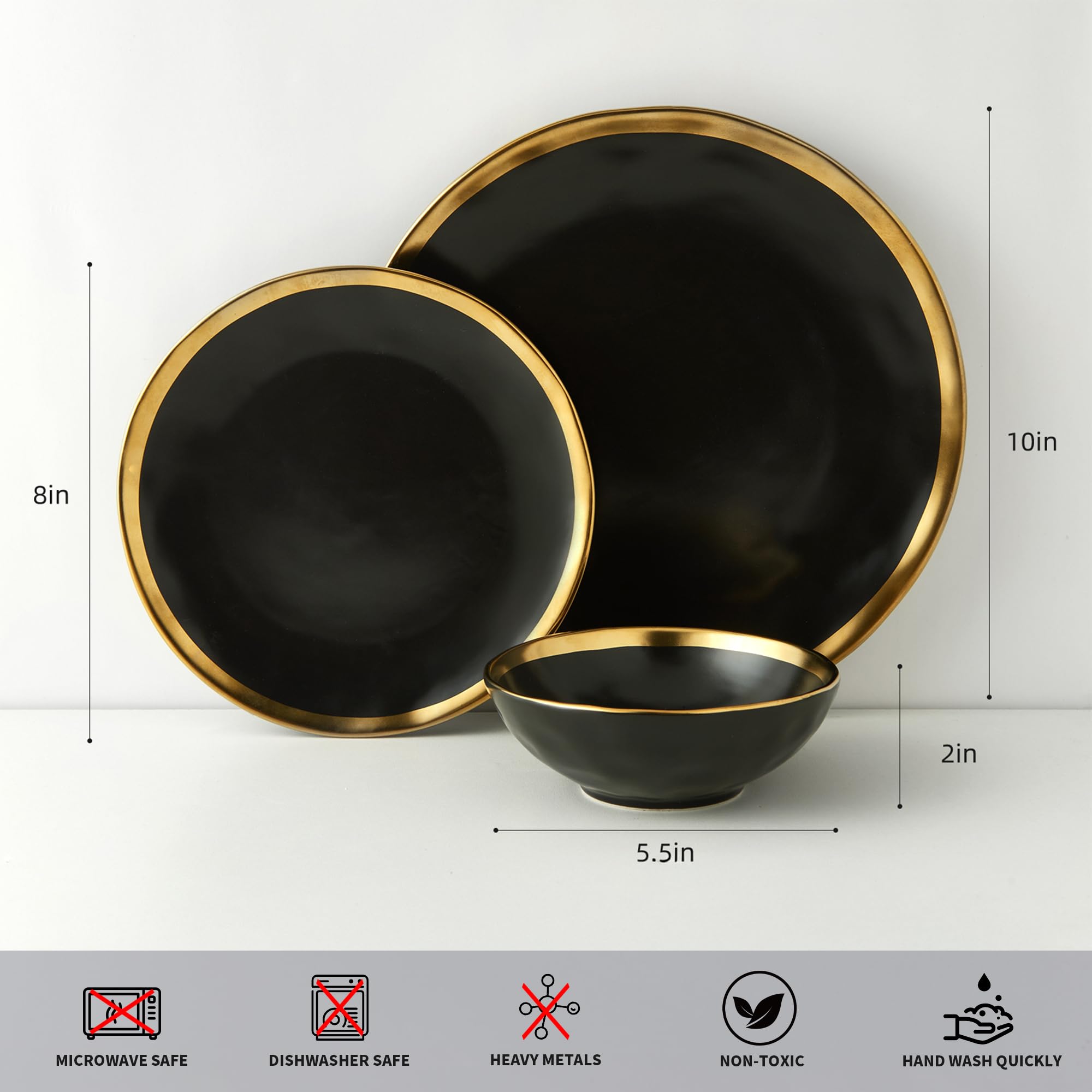 12-Piece Black Luxury Porcelain Dinnerware Set with Gold Rim - Elegant Plates & Bowls for Wedding, Anniversary, Birthday - Service for 4 - Modern Tableware for Fine Dining & Special Occasions