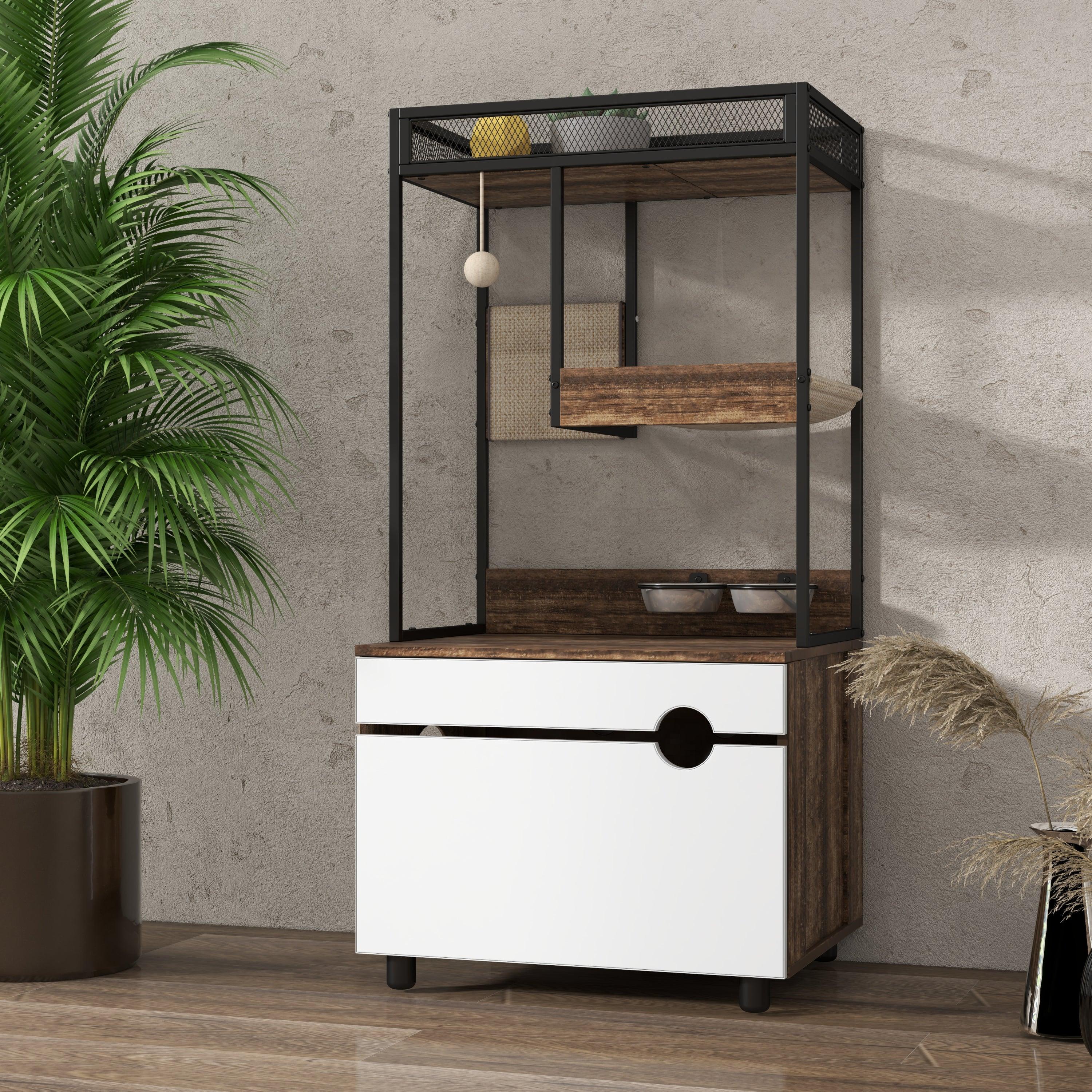 Cat Litter Box Enclosure with Cat Tree Tower - Modern Cat Furniture Cabinet for Home Decor | Perfect for Small Spaces & Multi-Cat Households