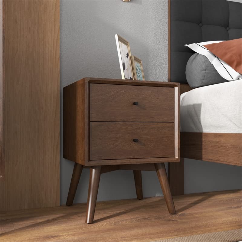 Pemberly Row Walnut Solid Wood Nightstand with 1 Drawer - Bedside Table for Bedroom, Living Room & Guest Room - Rustic Wooden End Table with Storage