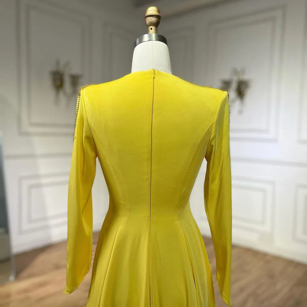 Luxury Dubai Arabic Yellow Mermaid Evening Dress with Elegant Tassel Beading for Women - Perfect for Weddings, Parties & Special Occasions - Serene Hill Collection LA72555