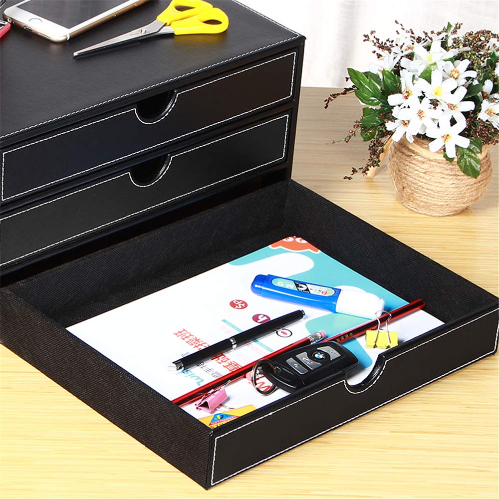Ayunga 3-Drawer Leather Desk Organizer - Executive Office File Cabinet for A4 Documents, Stackable Storage Box for Jewelry, Bills & Makeup | Home & Office Organization Accessories (Black) - Perfect for Workspace, Study Desk & Vanity Organization