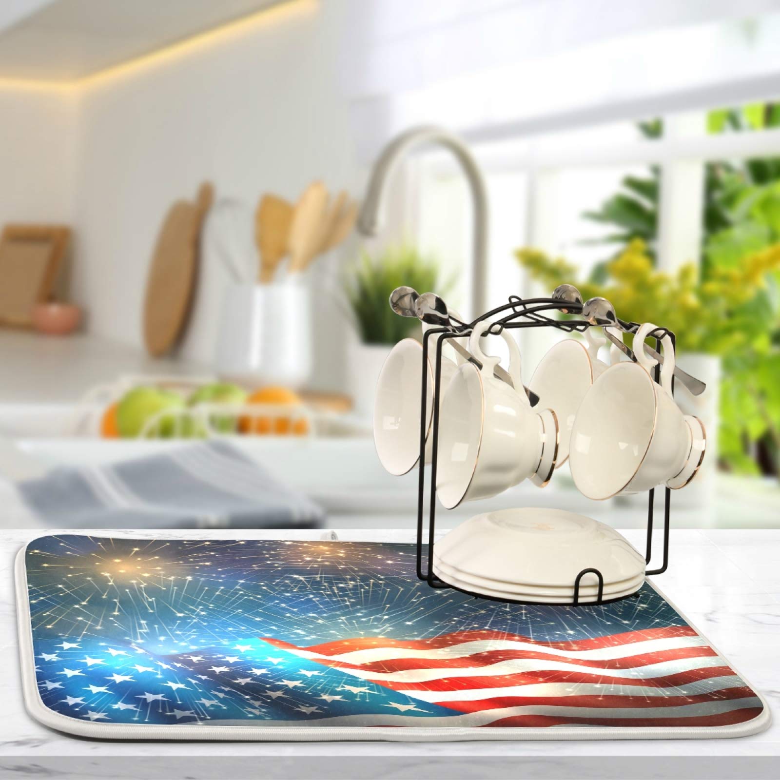 American Flag Dish Drying Mat 18x24 Inch - Patriotic Kitchen Counter Protector for Memorial Day & 4th of July