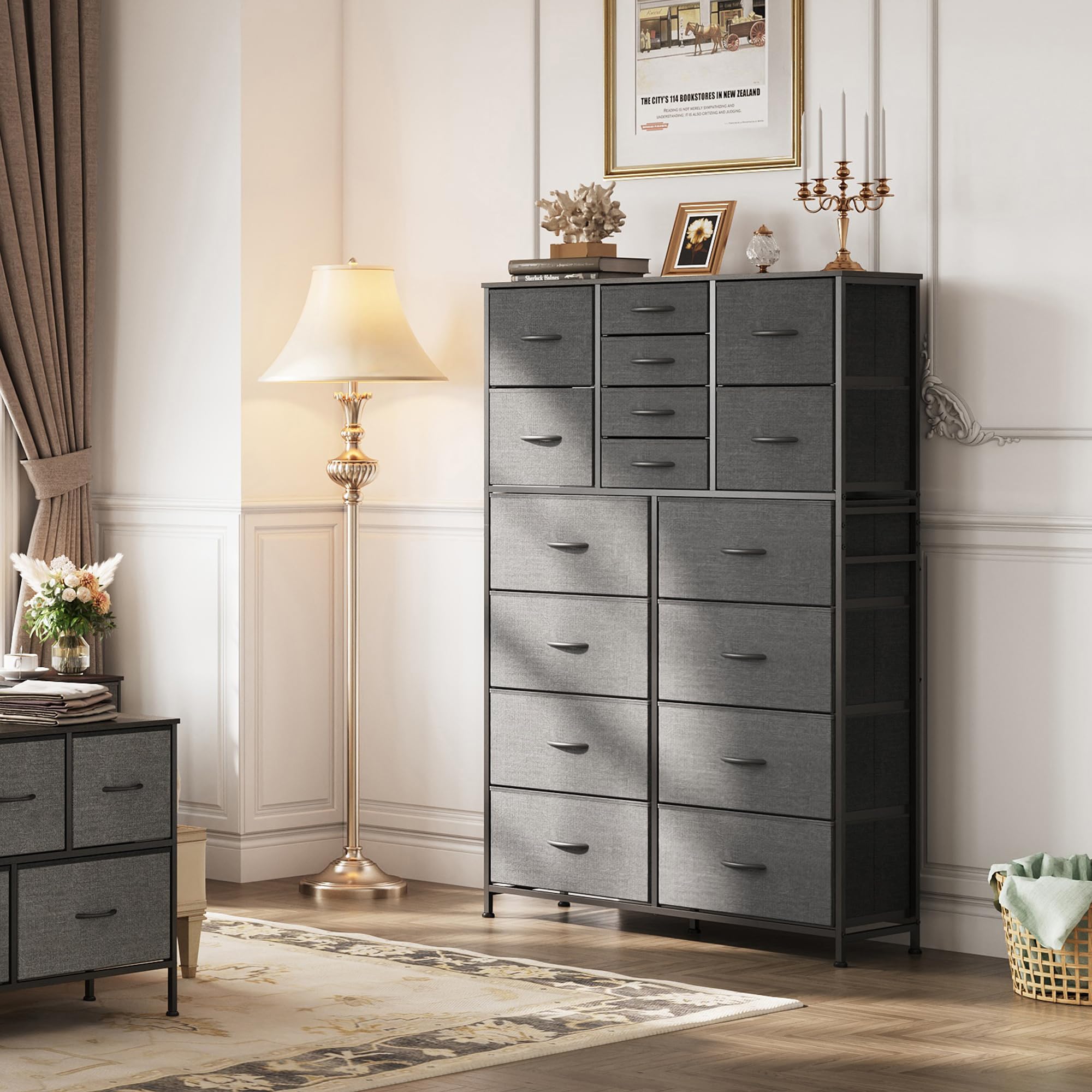 WLIVE 16-Drawer Fabric Storage Dresser - Tall Bedroom Dresser Organizer with Bins for Closet, Hallway & Living Room - Dark Grey Chest of Drawers for Home Organization & Space Saving